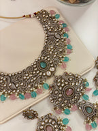 Premium Heavy Look Royal Necklace With Earrings (Pink/Mint)