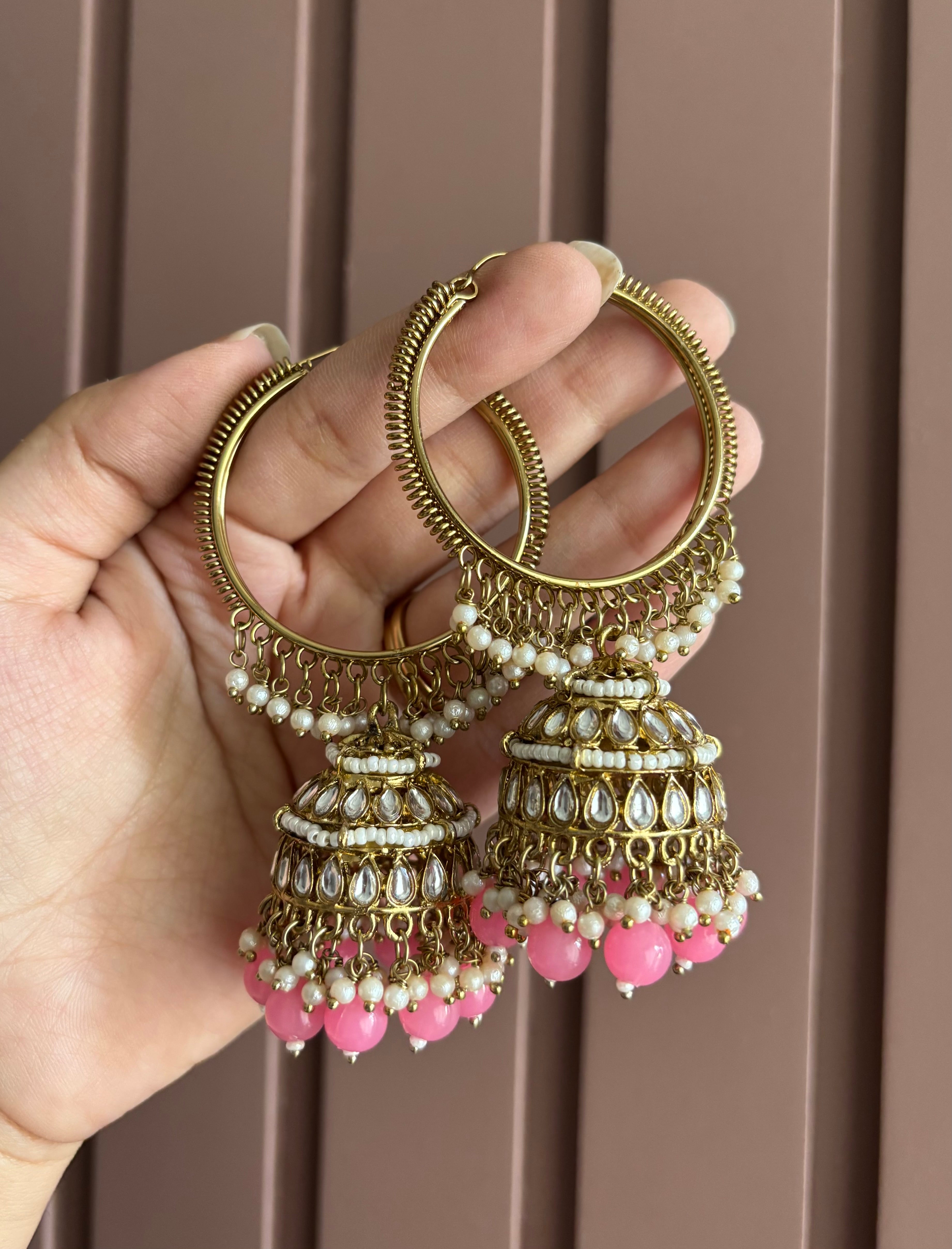 Pink Kundan Bali Jhumkas