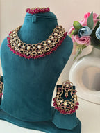 Navida Classy Necklace With Mang Tikka & Chandbali Earrings (Dark Pink)