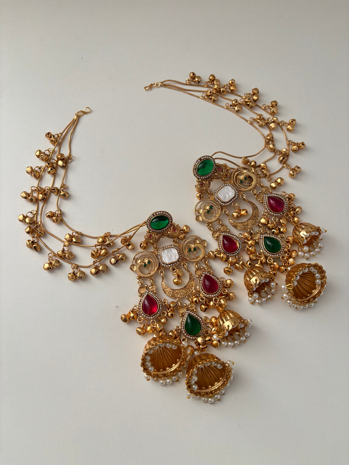 Vamika Long Kashmiri Earrings With Detachable Earchain (Maroon & Green)
