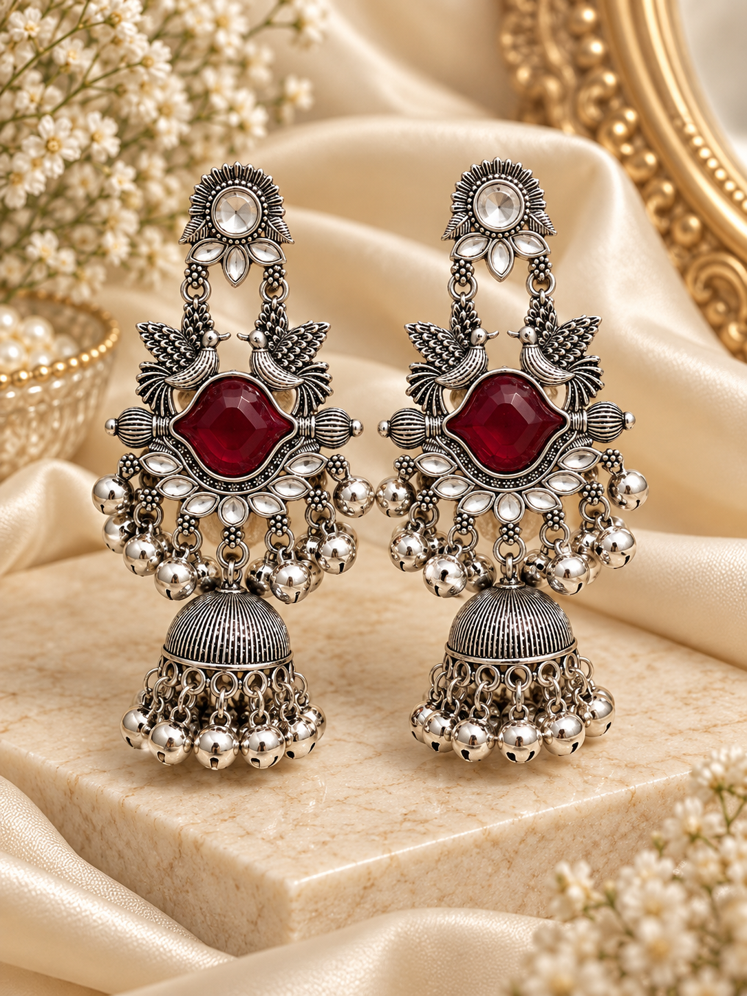 Saloni Silver Jhumkas (Pink)