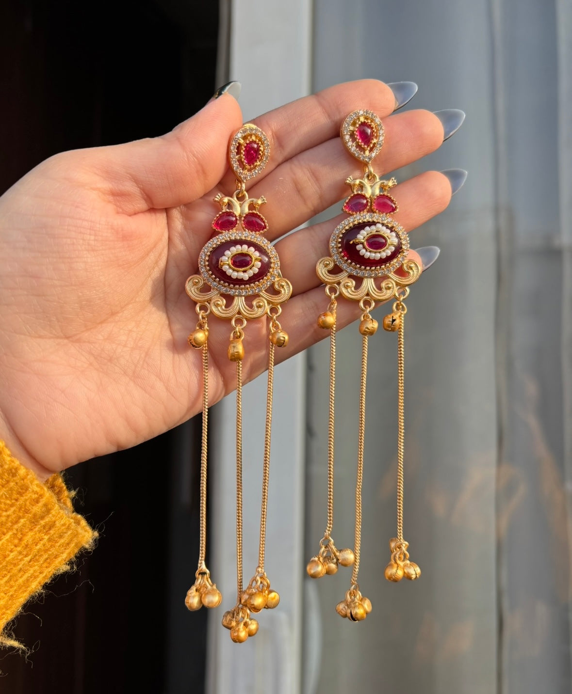 Kareena Kashmiri Long Layer Earrings (Ruby)