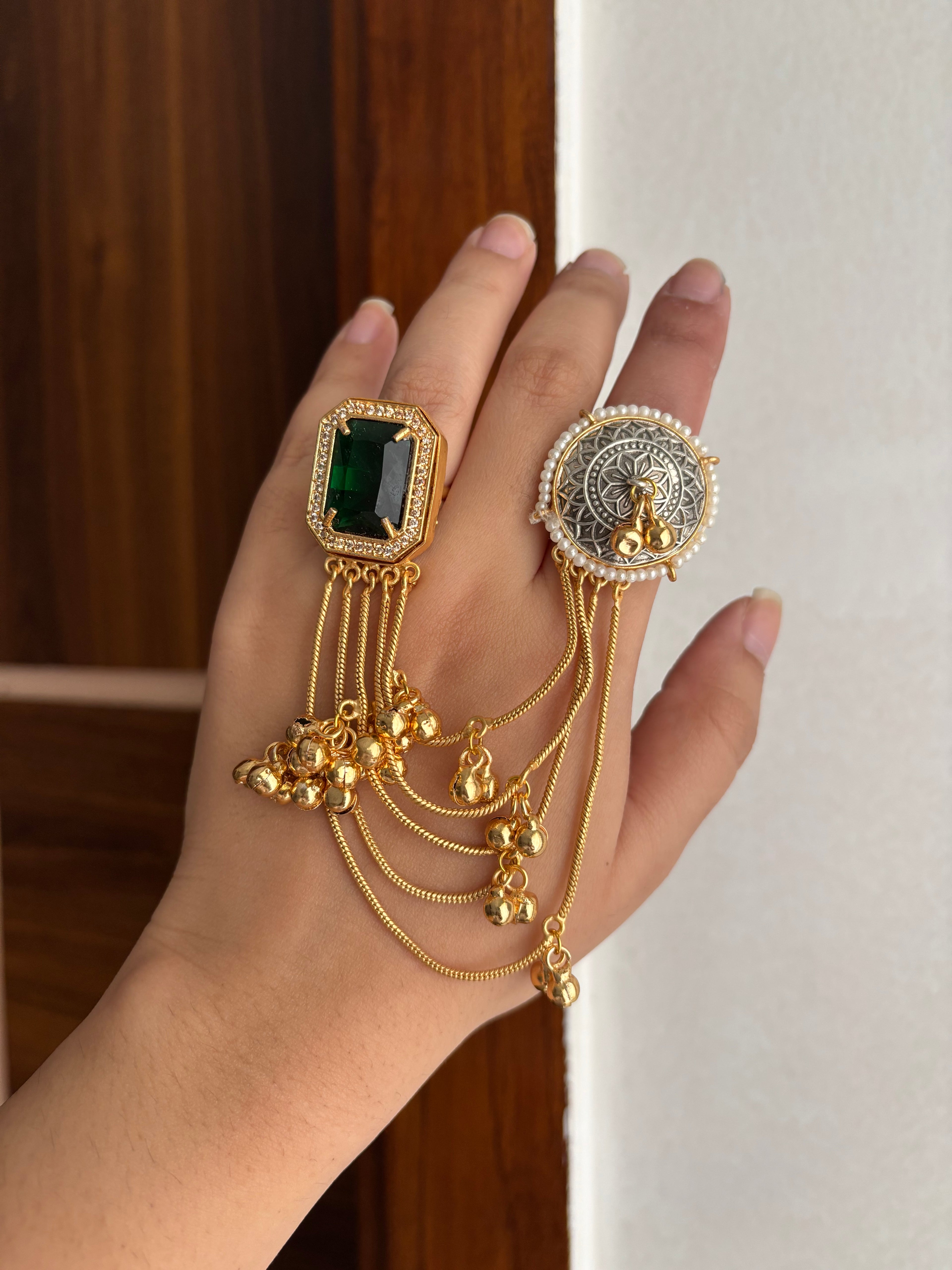 Statement Designer Emerald Double Finger Adjustable Ring