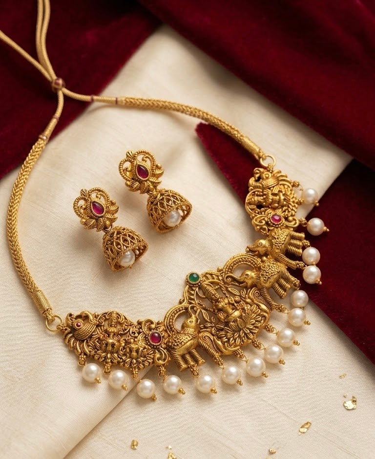 Gold Look Like Choker Necklace With Jhumkas Design-3