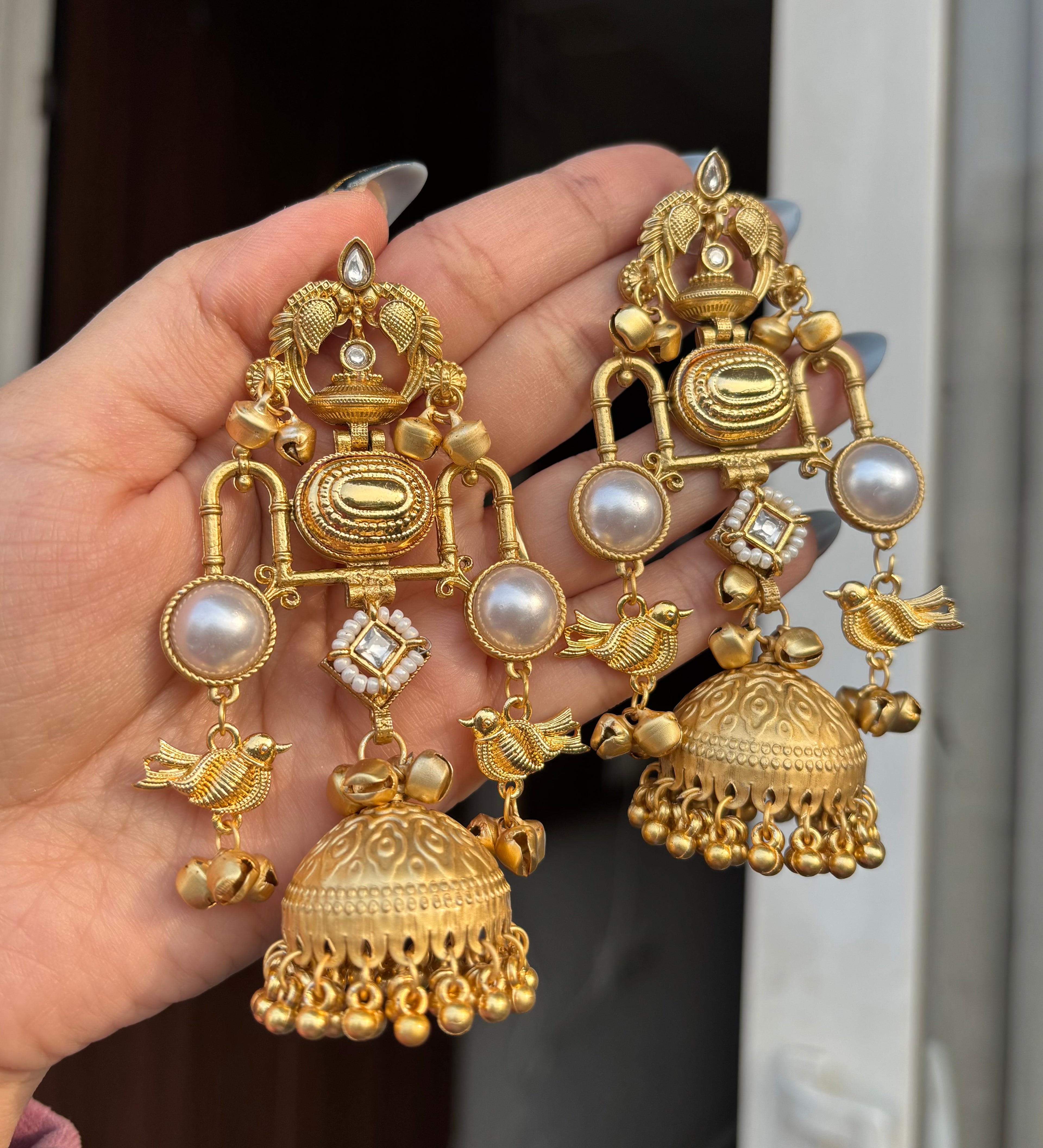 Ivory Bird Golden Kashmiri Statement Jhumkas