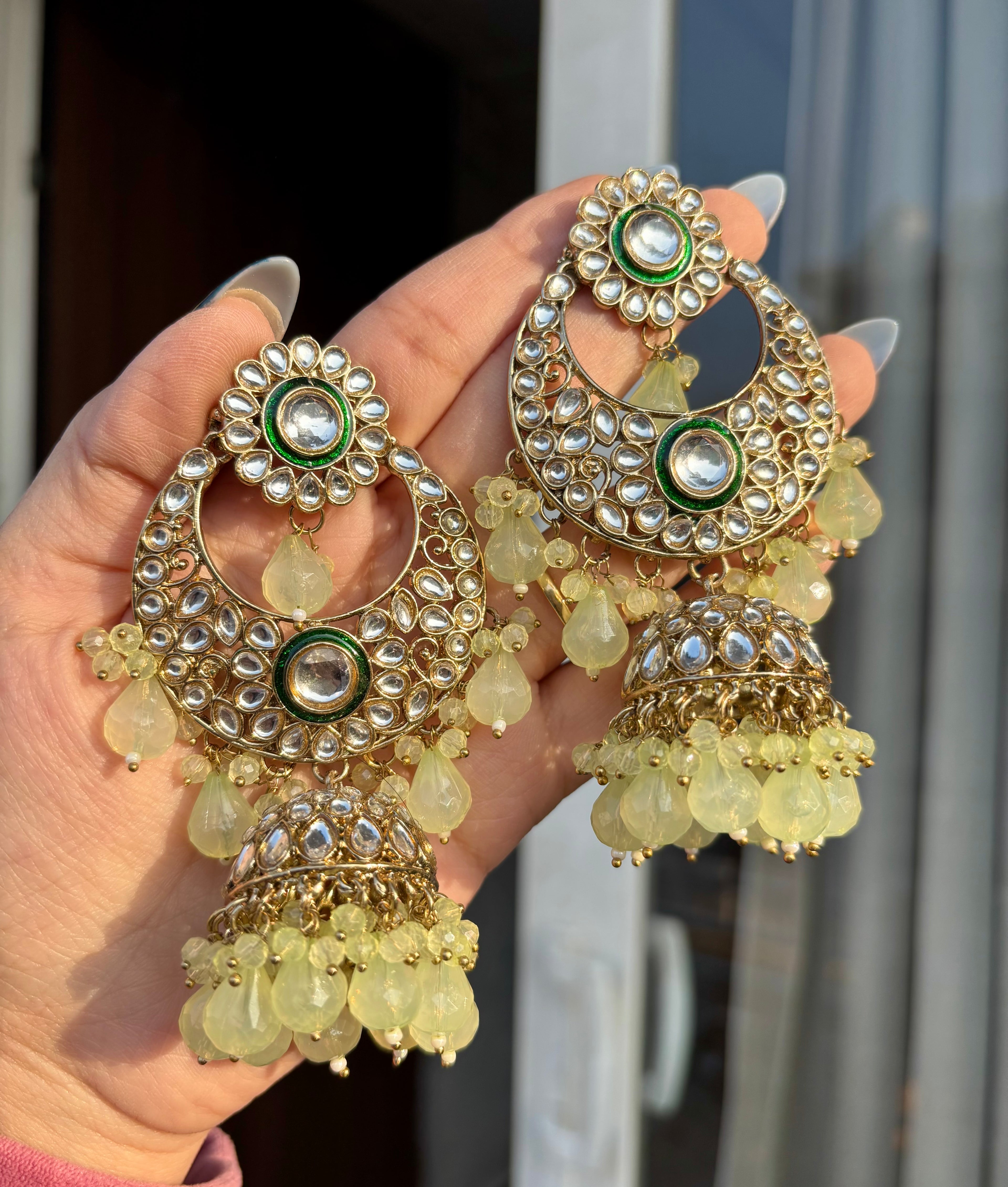 Long Mint Green Chandbali Style Jhumkas