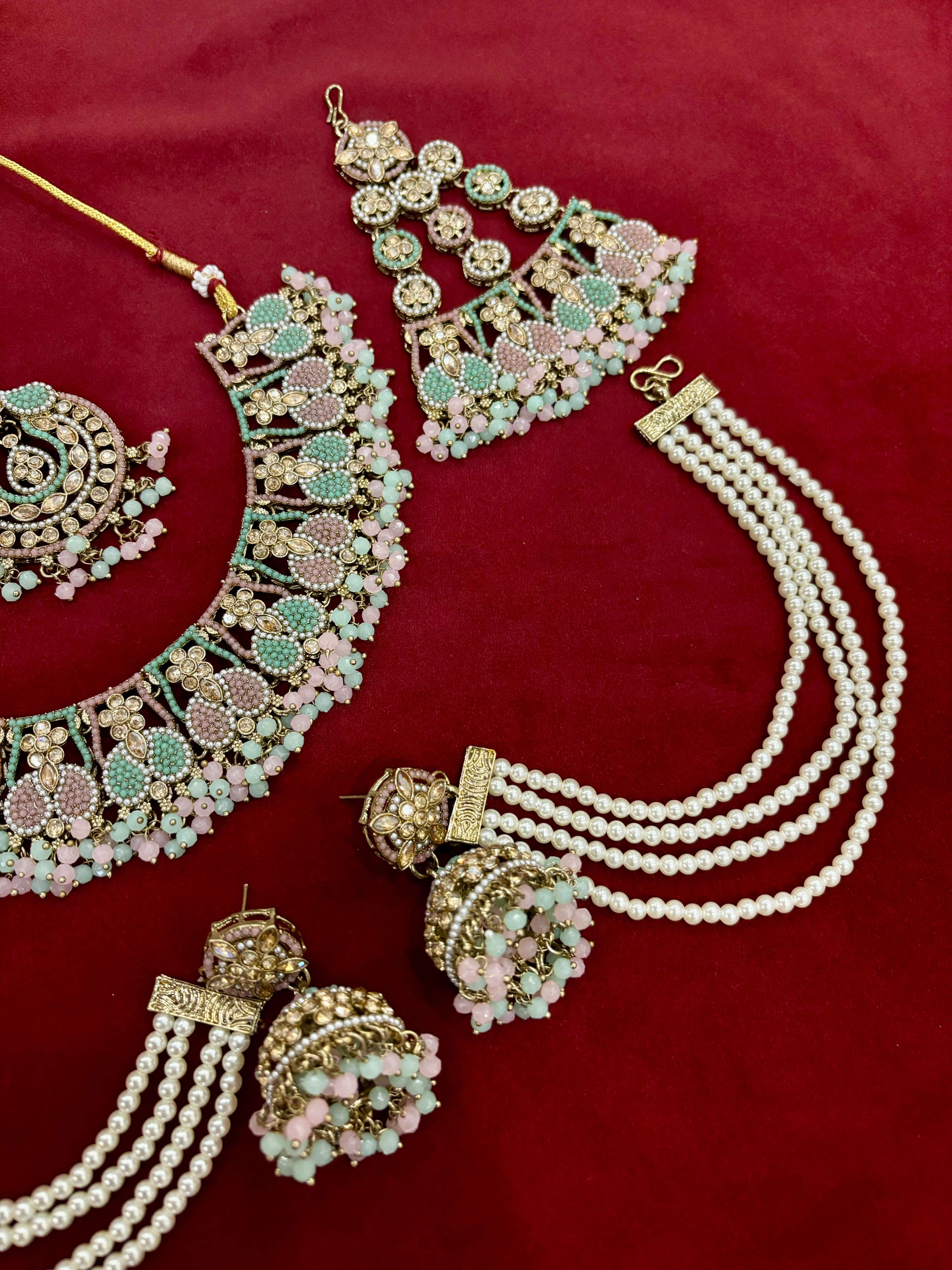 Royal Mughal Necklace with Maang Tikka, Jhumkas with Side Layer & Passa