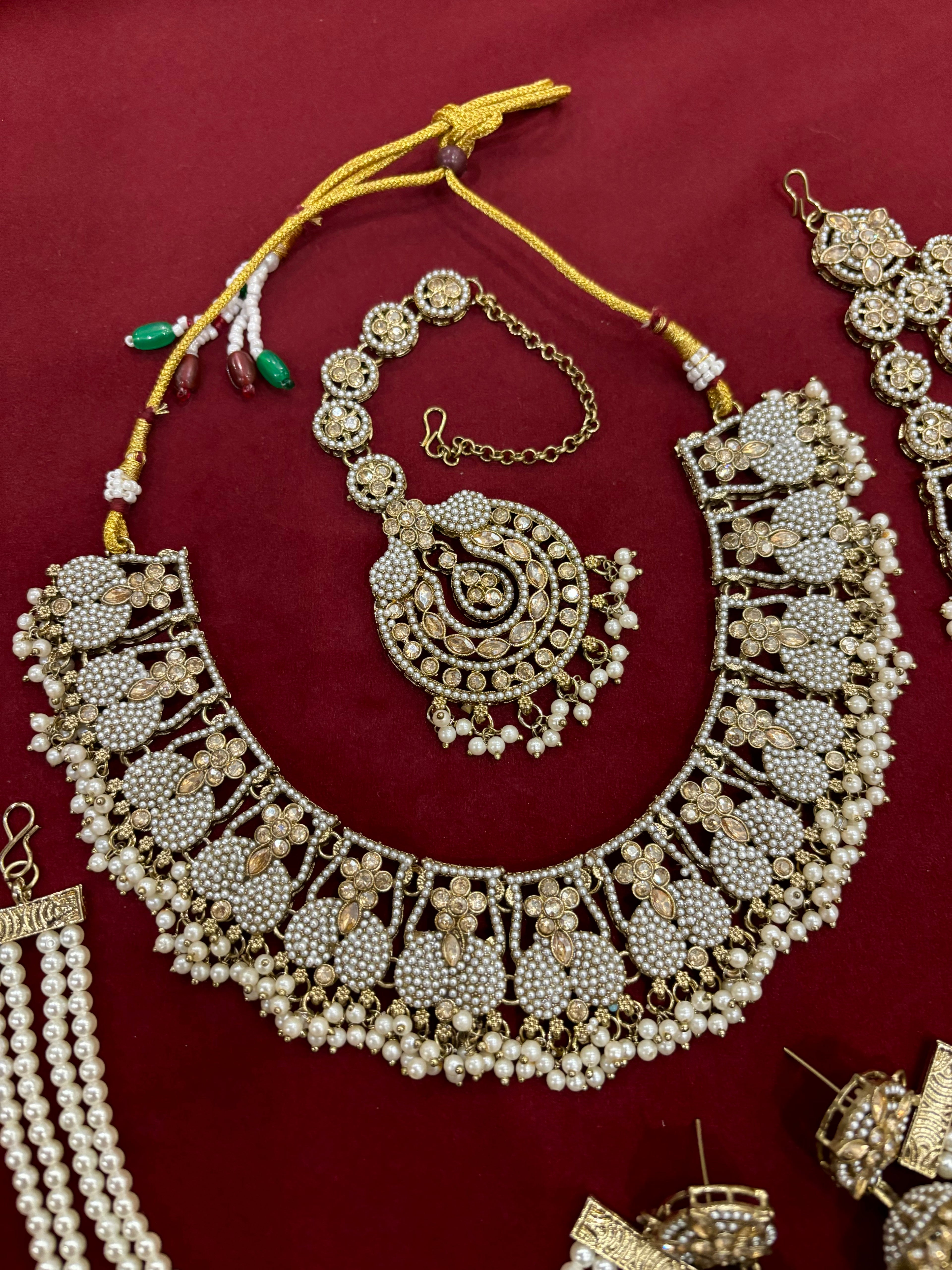 Royal Mughal Necklace with Maang Tikka, Jhumkas with Side Layer & Passa