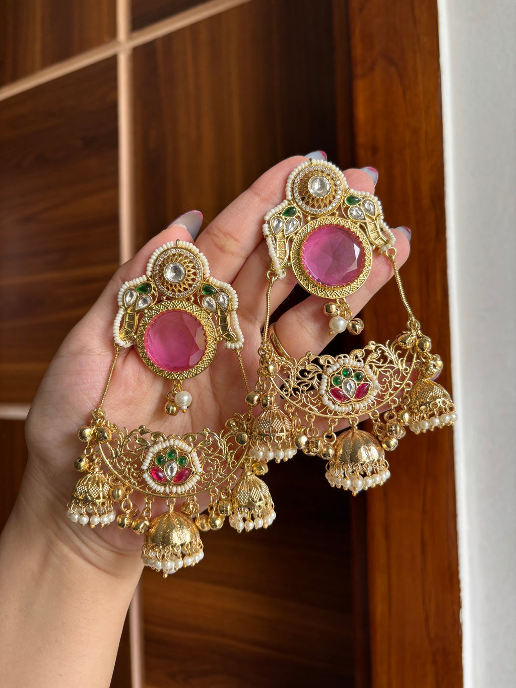 Laila Kashmiri Chandbali Earrings (Pink)