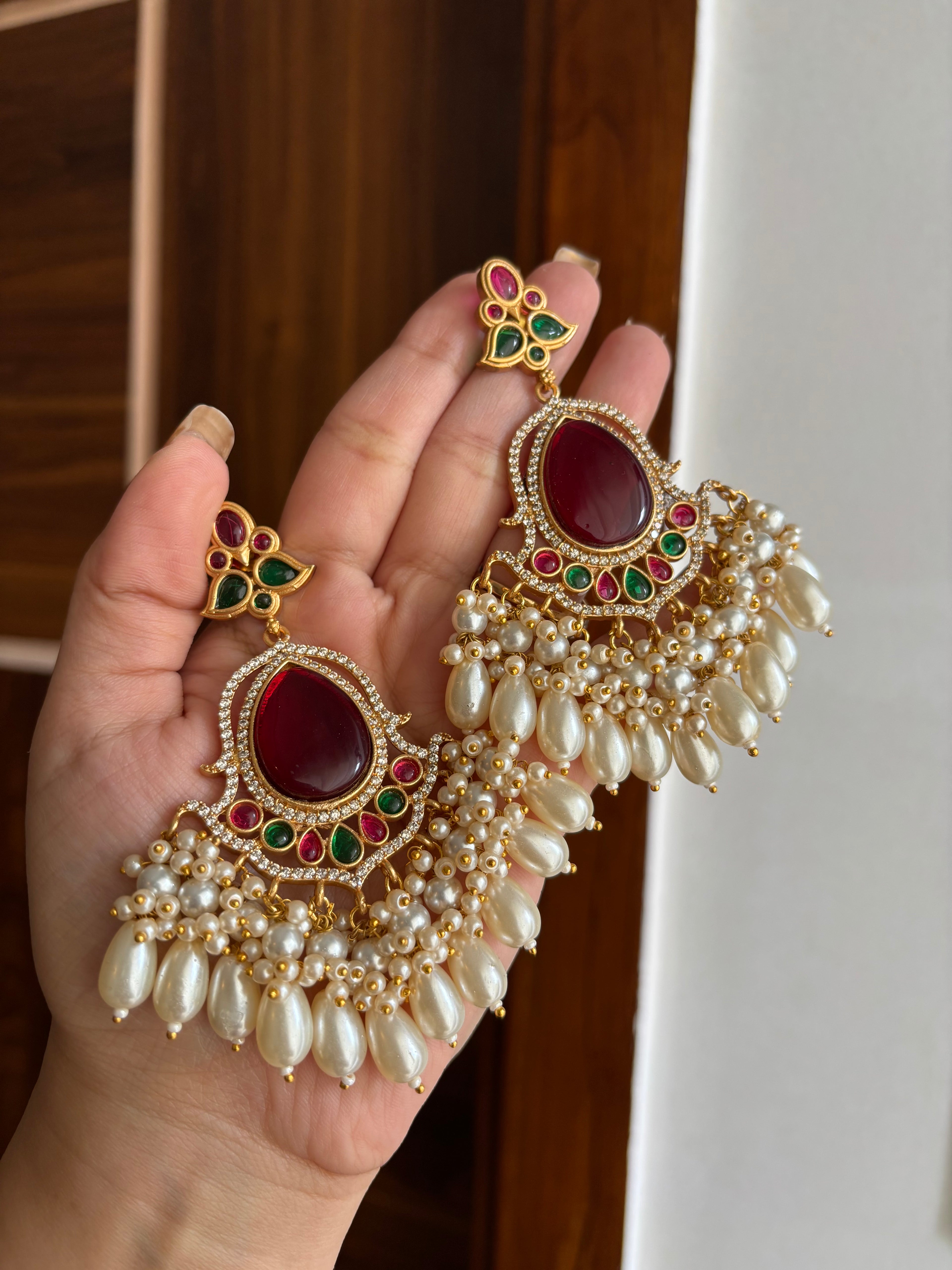 Premium Quality American Diamond Earrings In Monazite Stone Touch (Maroon)