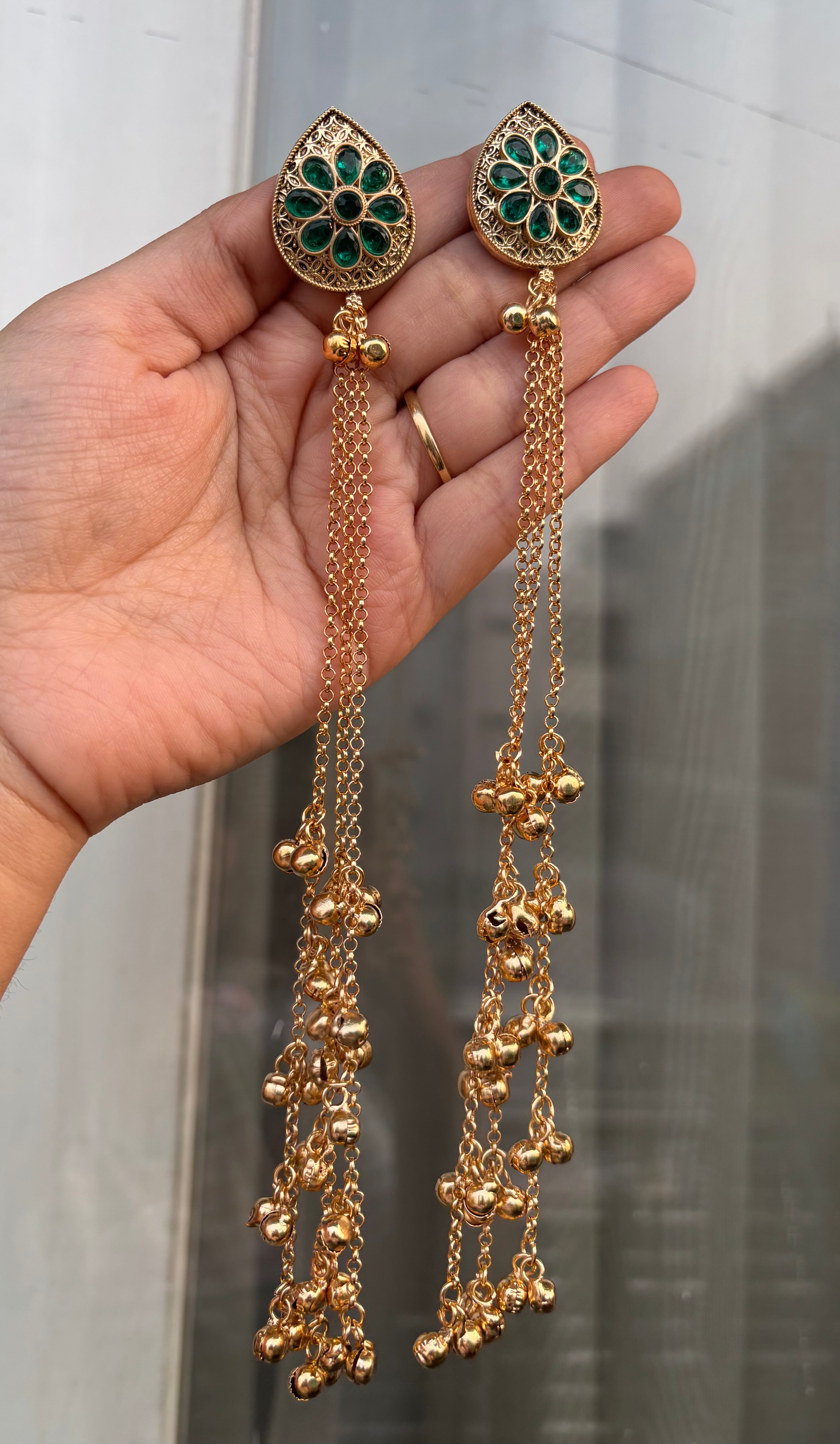 Almond Green Stud Kashmiri Long Layer Ghungroo Earrings