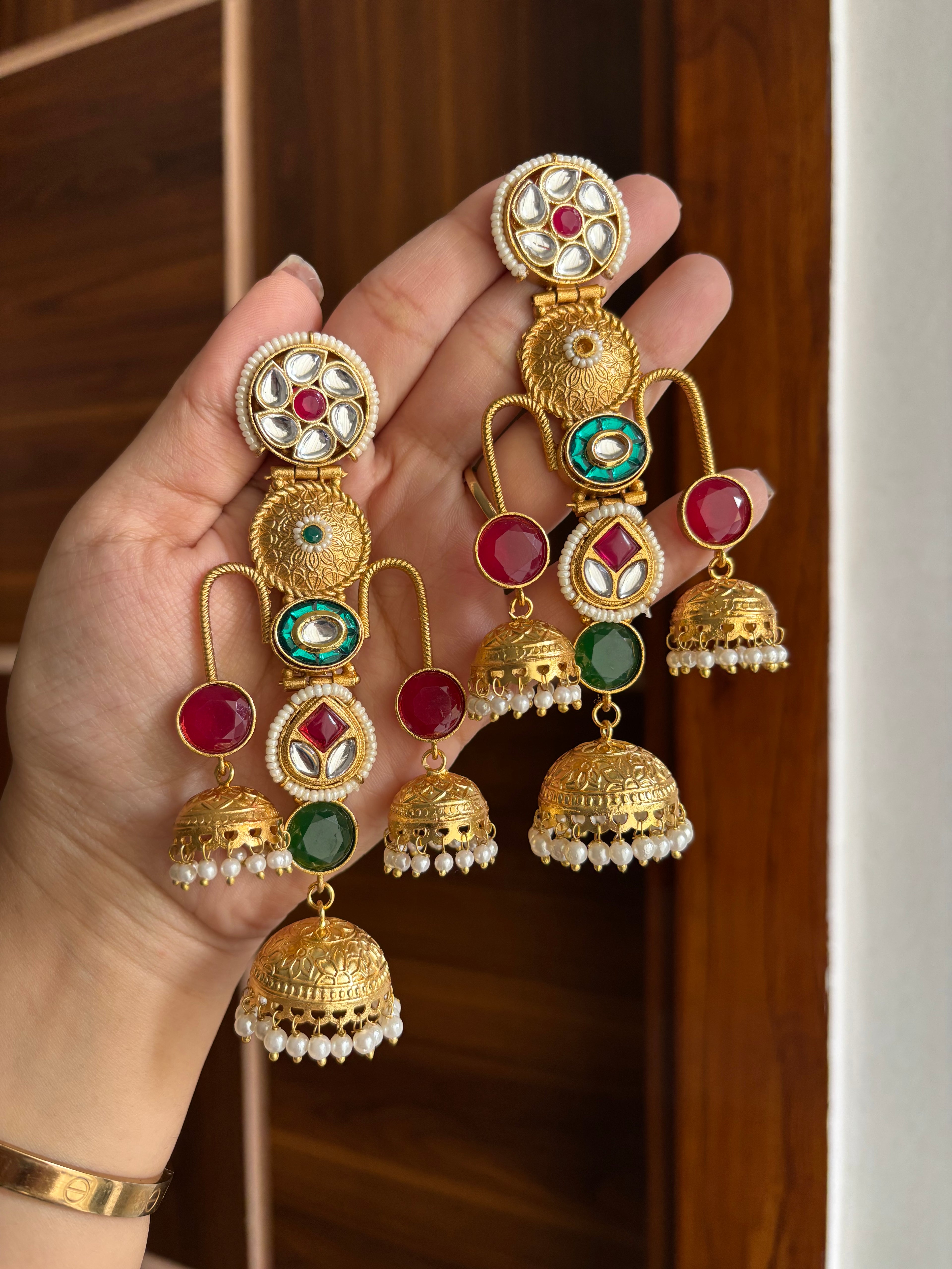Meghna Statement Brass Earrings (Maroon & Green)