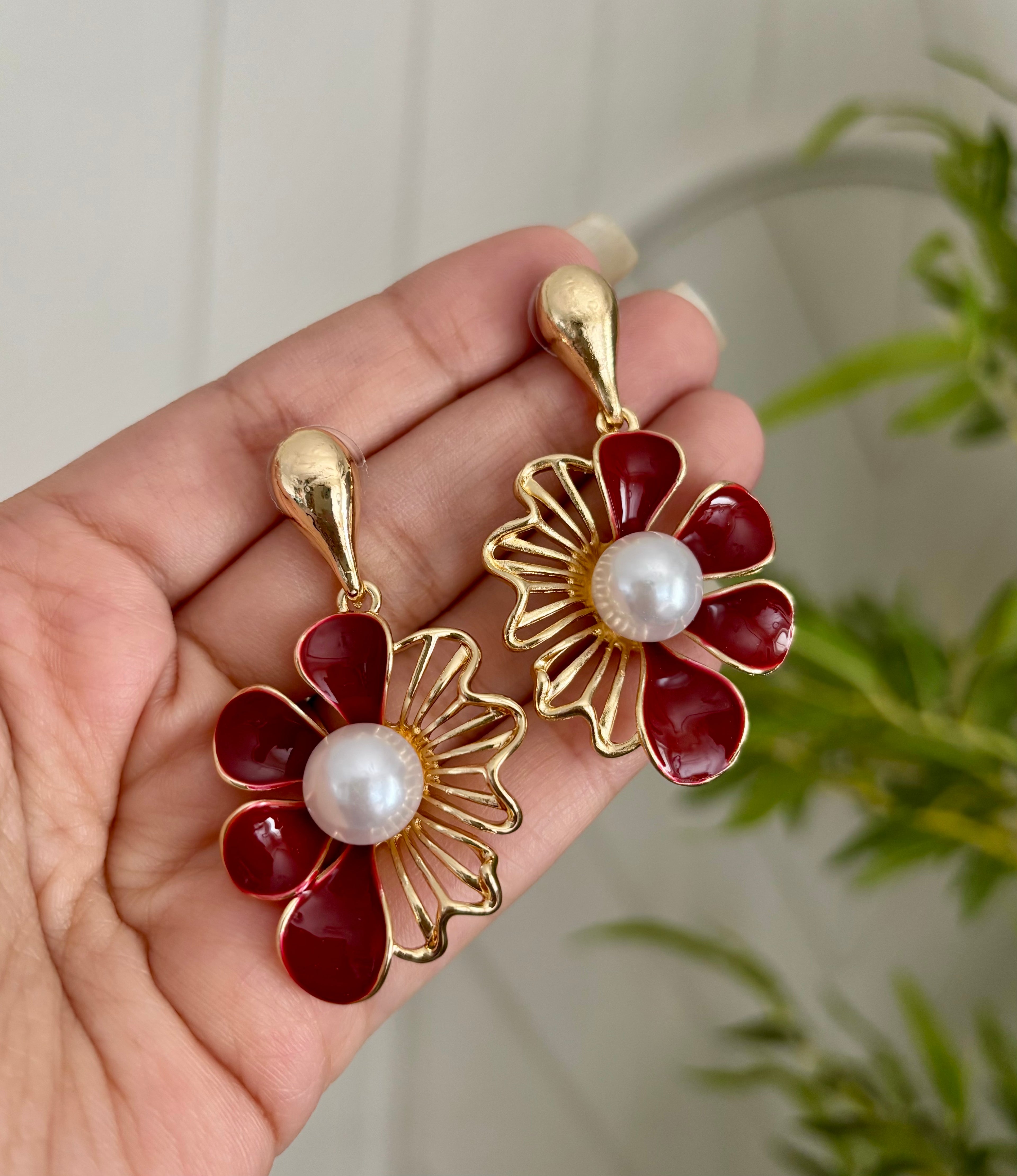Maroon Flower Pearl Drop Earrings