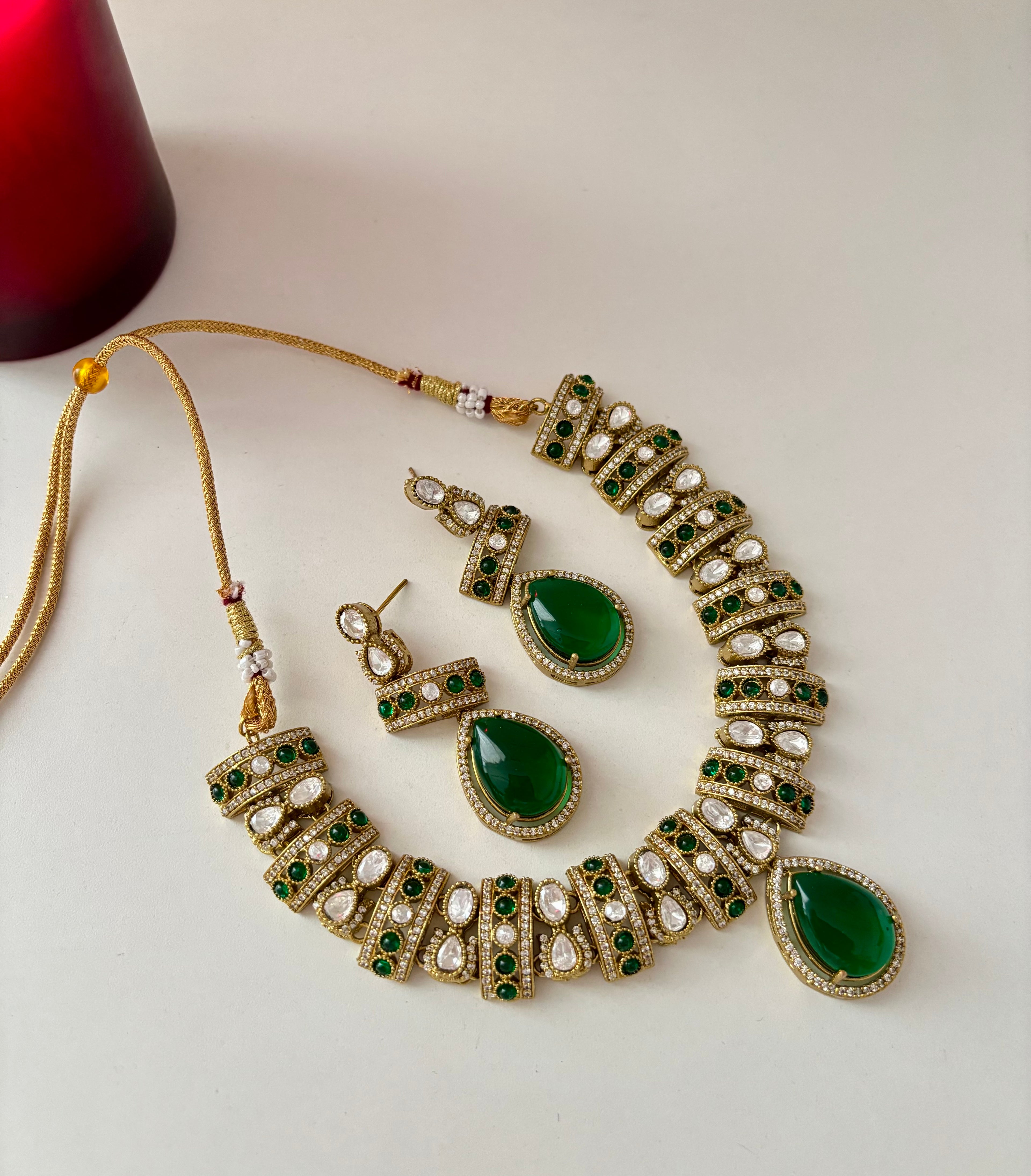 Premium Emerald Moissanite Stone Necklace With Designer Earrings