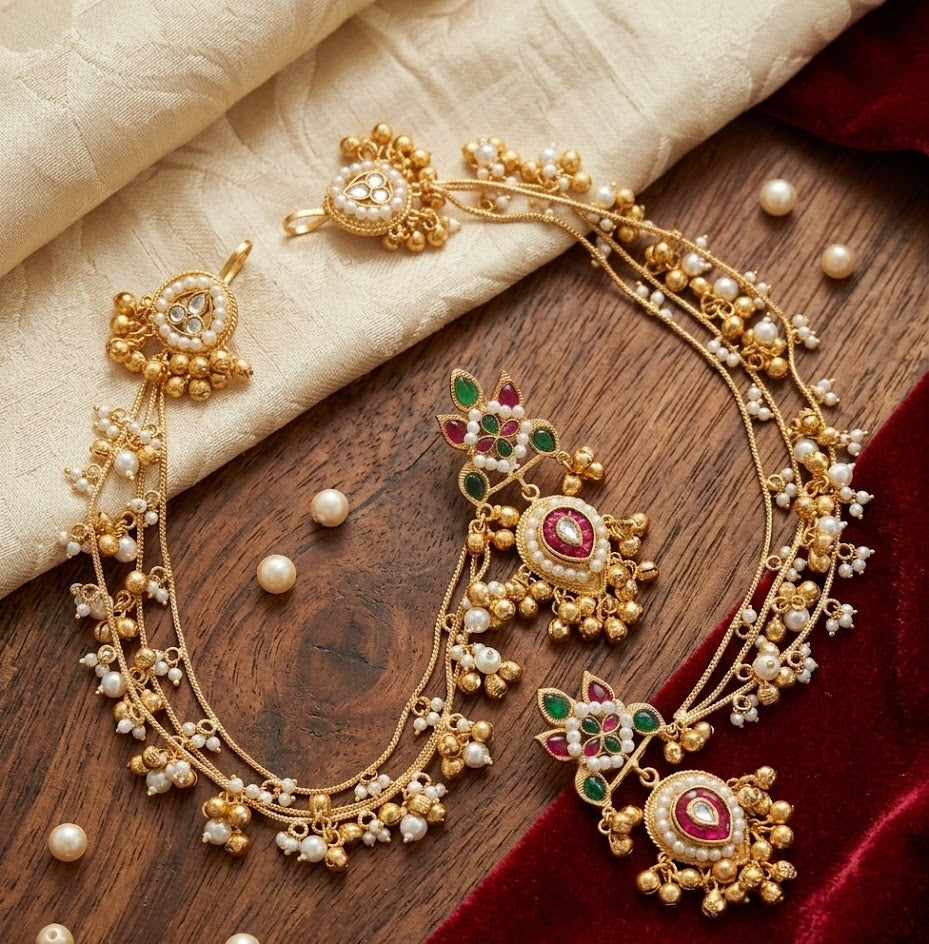Sunheri Earrings With Side Layers In Ghungroo Touch (Red & Green Mix)