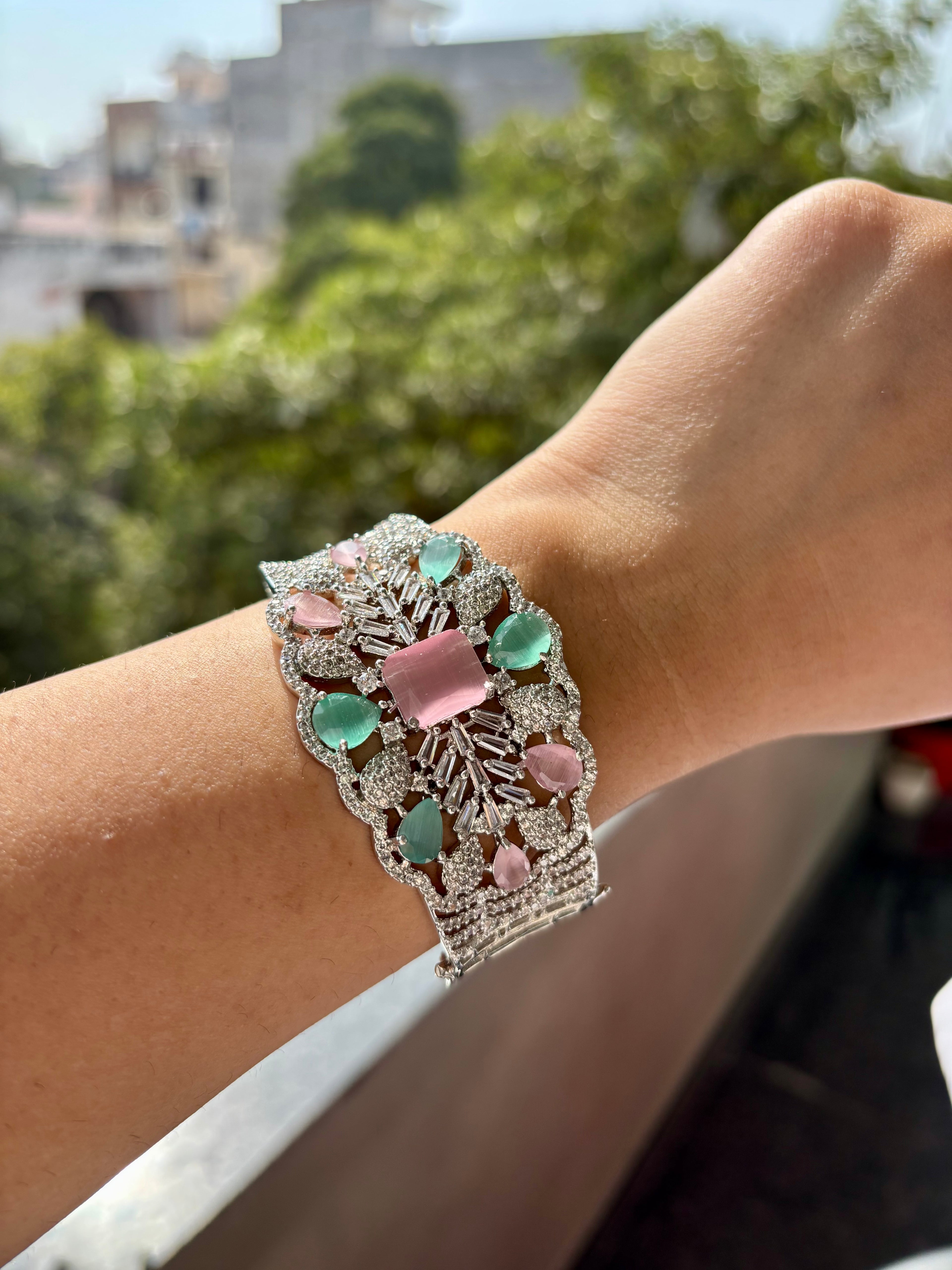 Maria American Diamond Openable Bracelet ( Pink & Turquoise Mix )
