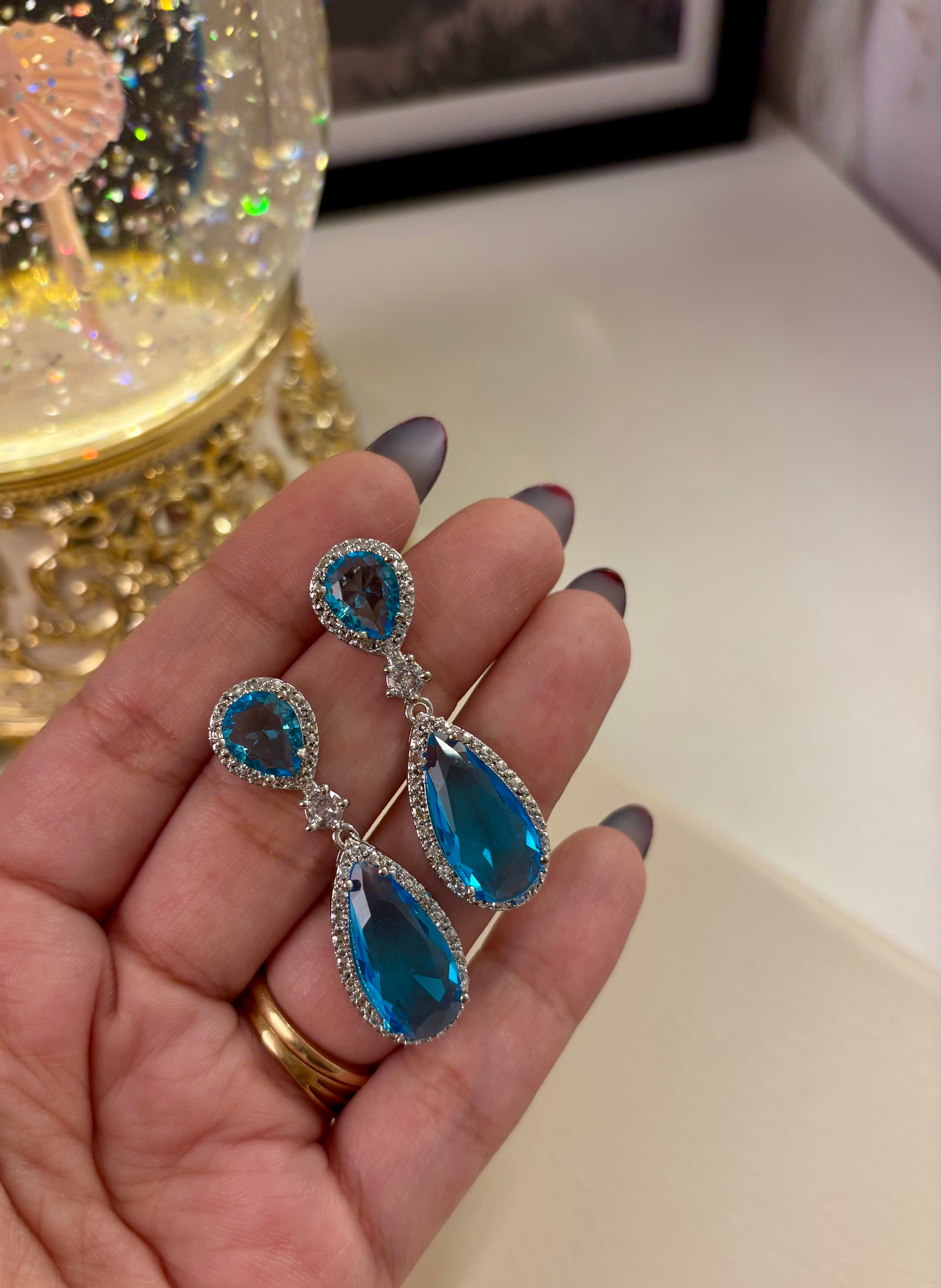 Elegant Drop American Diamond Aqua Earrings