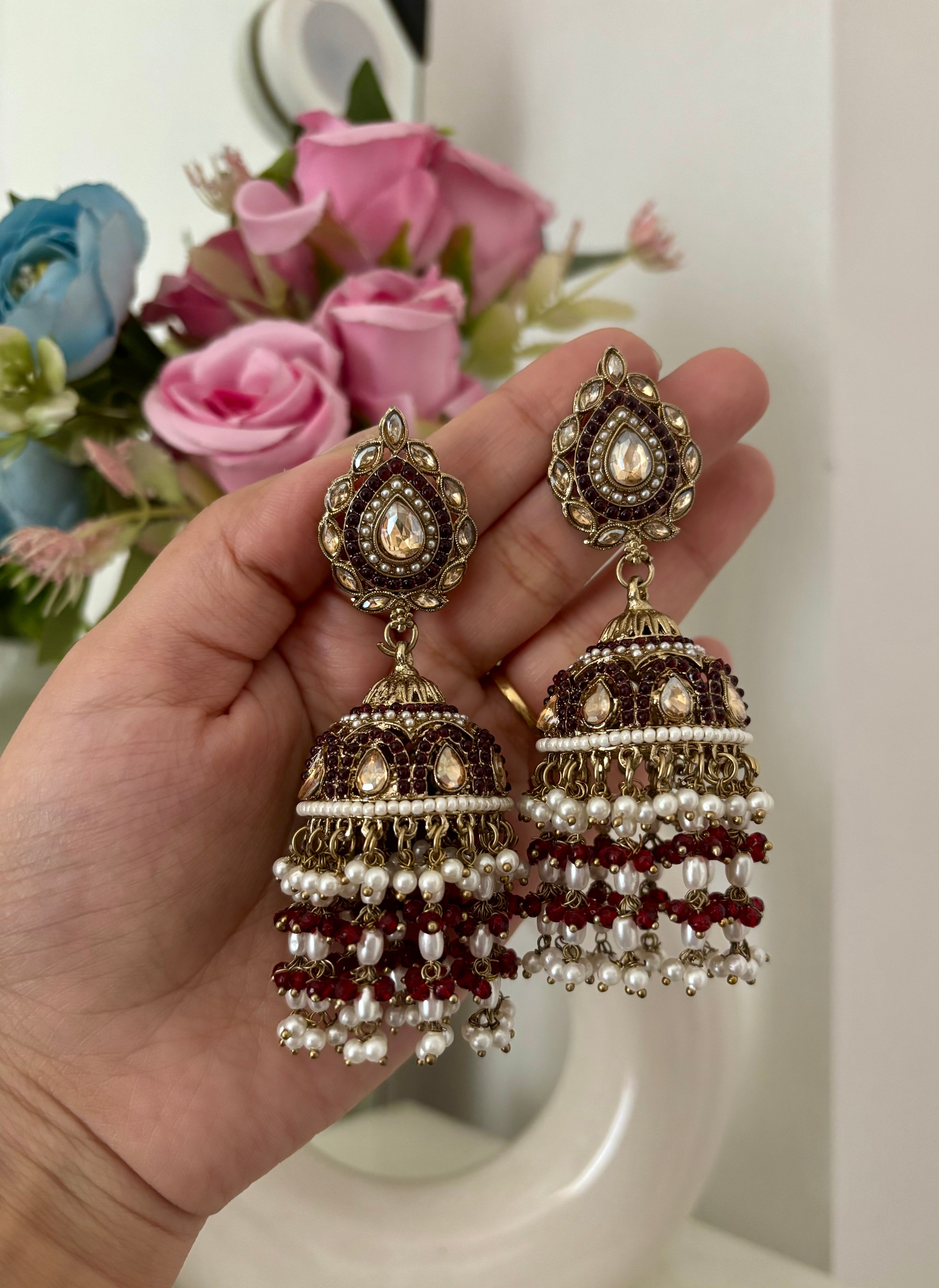 High Quality Designer Jadau Maroon Jhumki