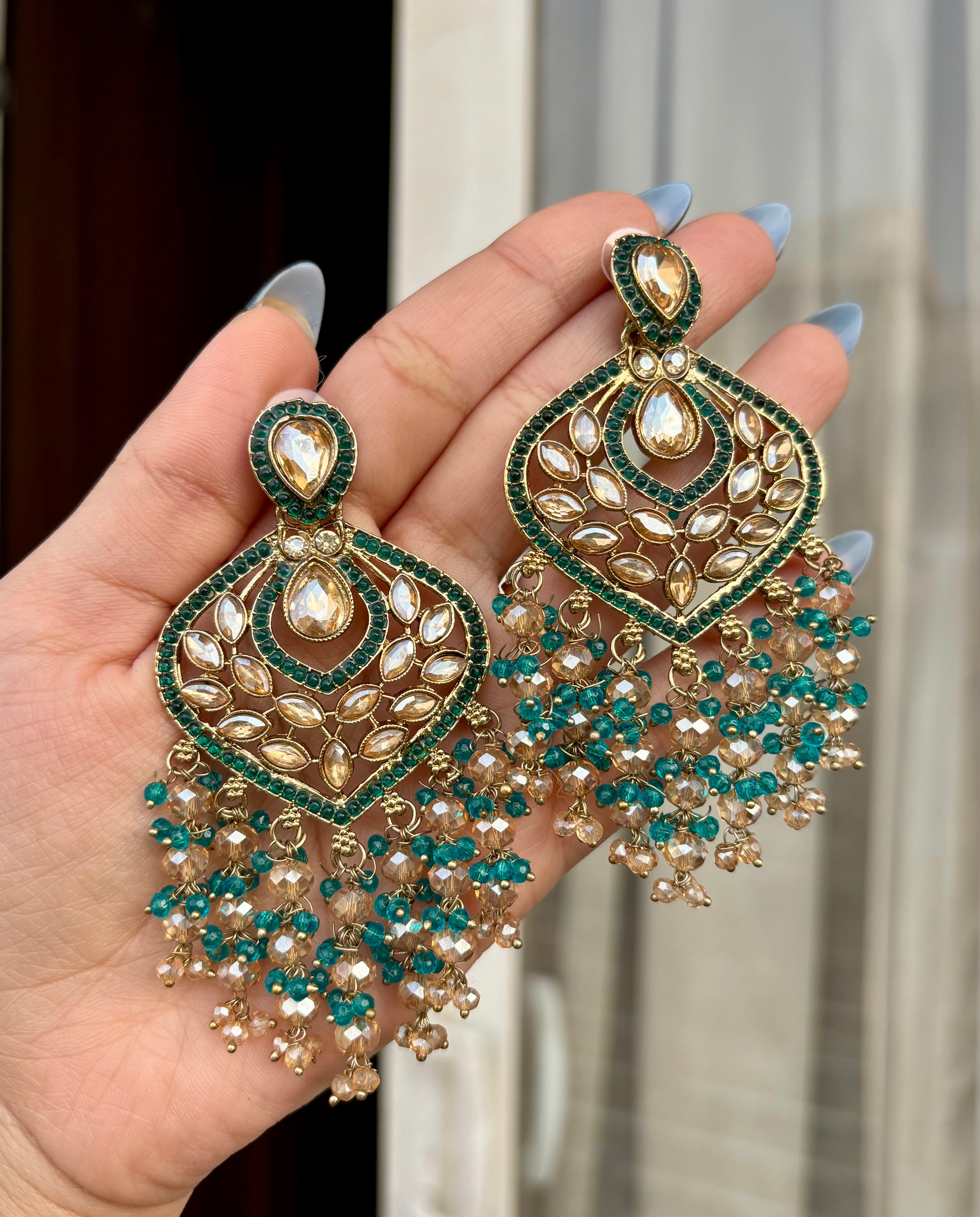 Peacock Blue Crystal Beads Work Earrings