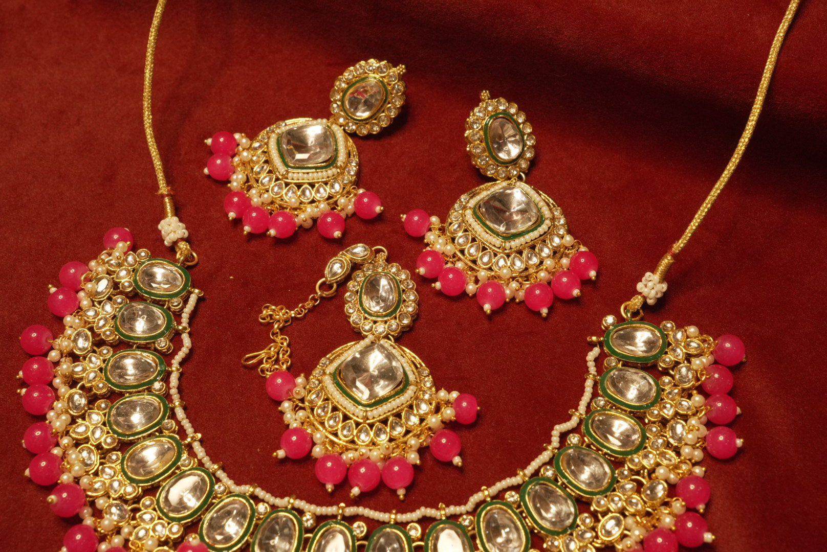 Dark Pink Kundan Dupe Necklace With Mang Tikka & Earrings