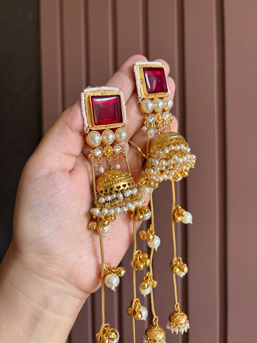 High Quality Designer Tanisha Jhumkas With Long Layers ( Maroon )