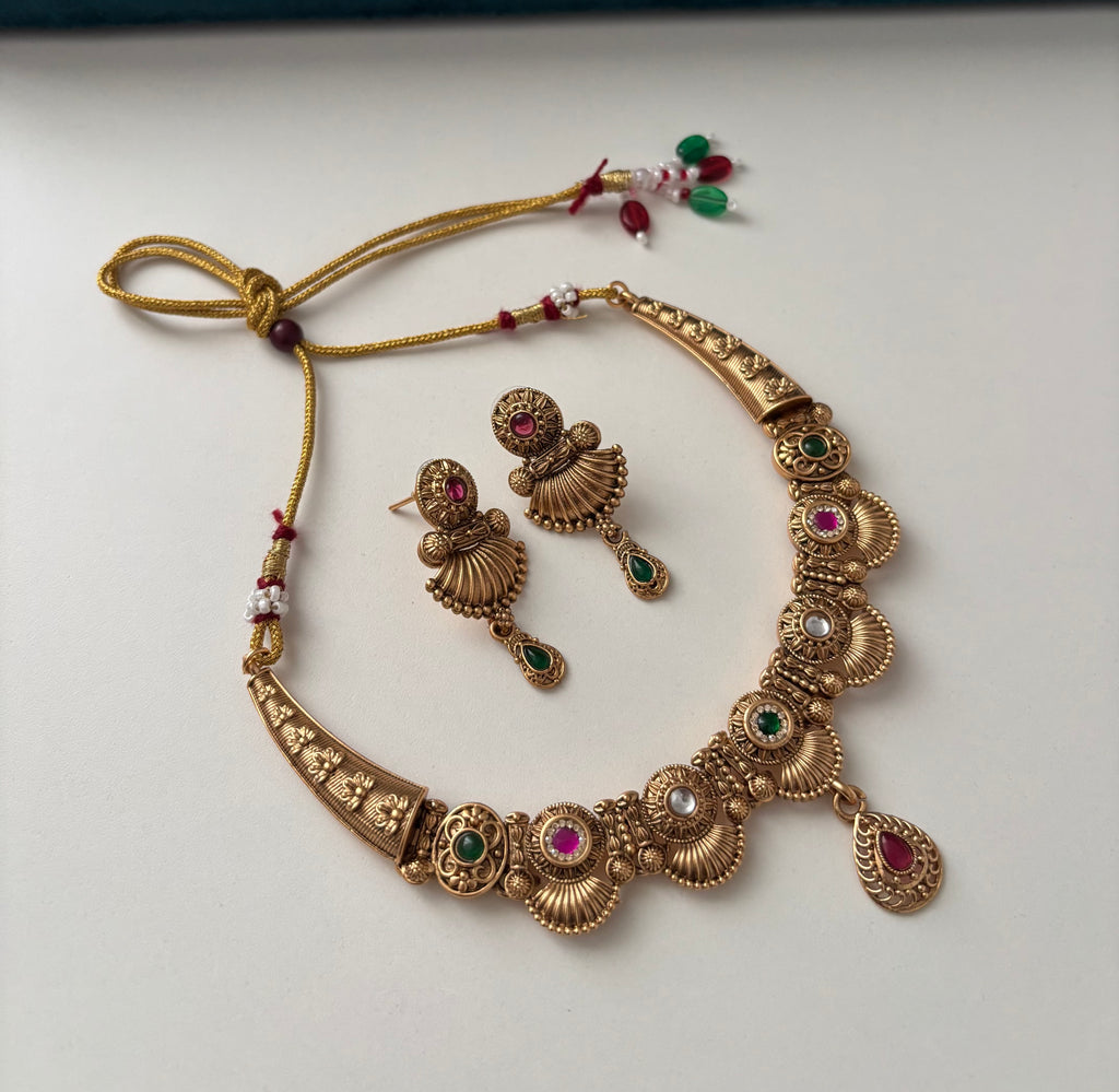 Premium Gold Look Like Sleek Necklace With Earrings (Ruby & Emerald Touch) Design-2