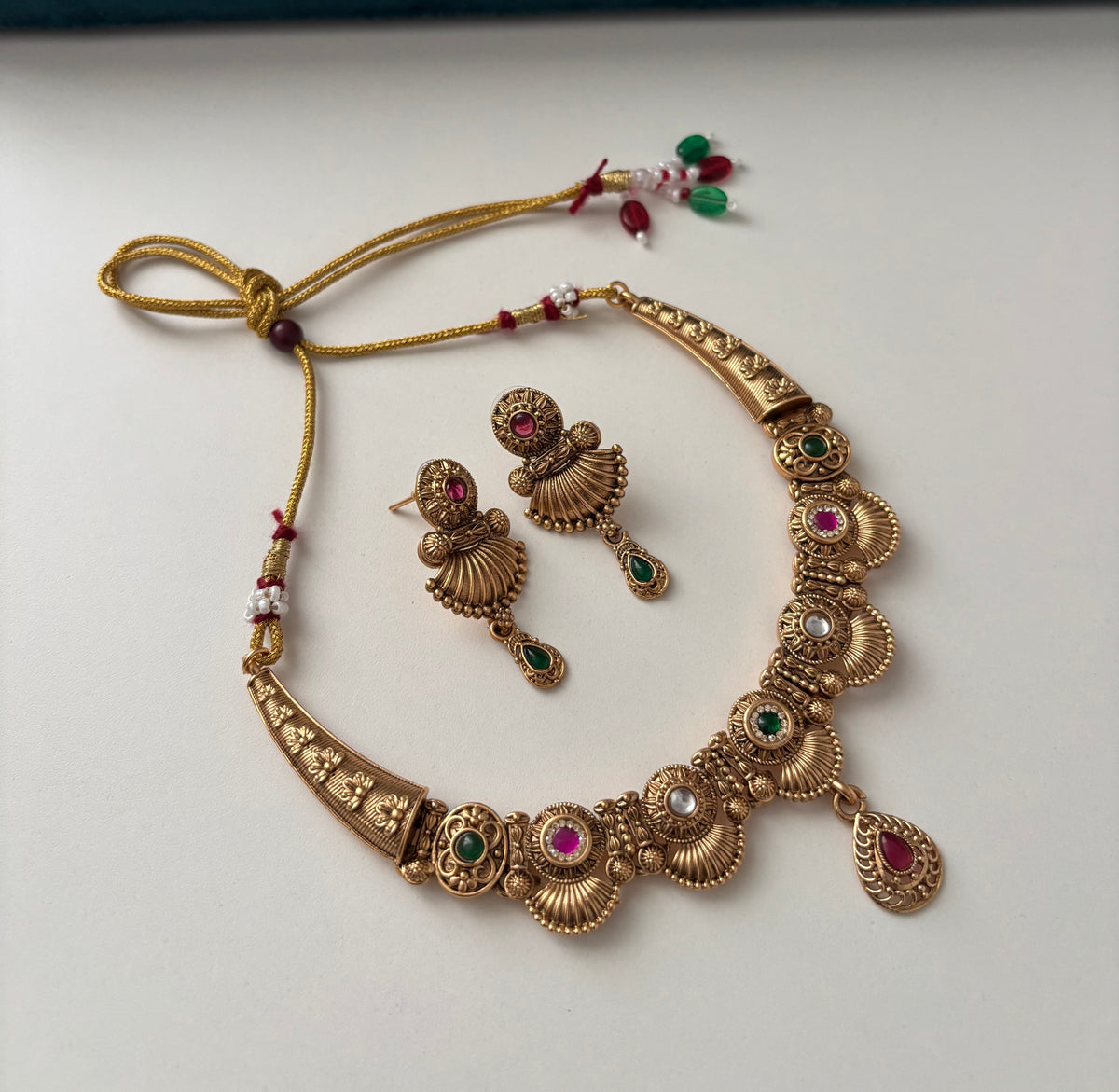 Premium Gold Look Like Sleek Necklace With Earrings (Ruby & Emerald Touch) Design-2