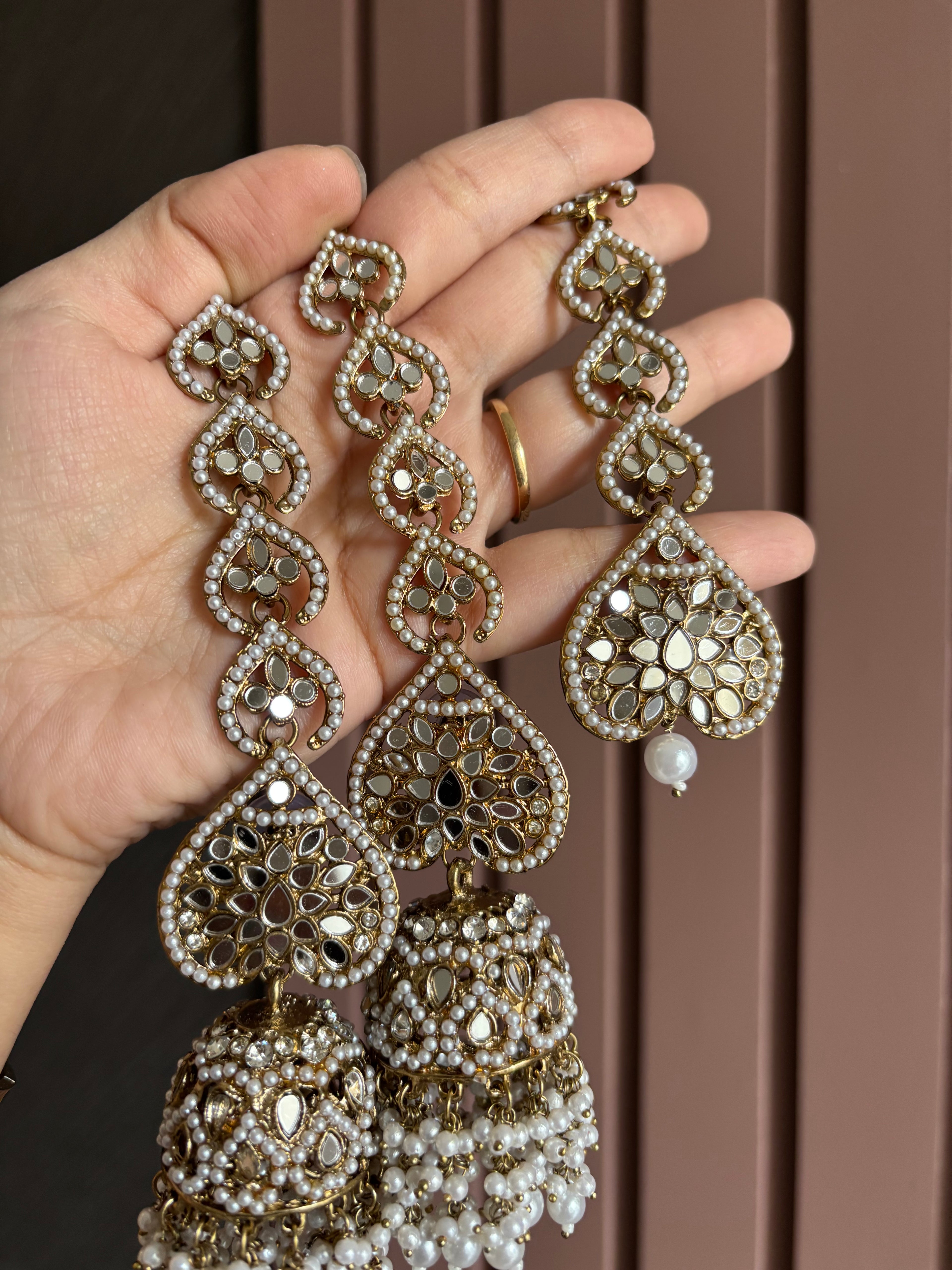 High Quality Designer Full Mirror & Pearl Touch Mang Tikka & Jhumkas With Sahara