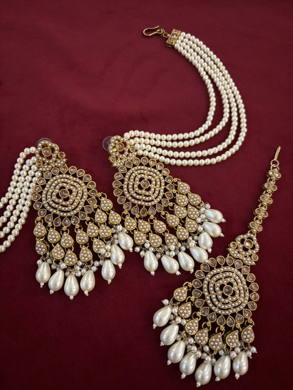 High Quality Designer Jadau Ivory Mang Tikka With Earrings In Layers With Side Layers