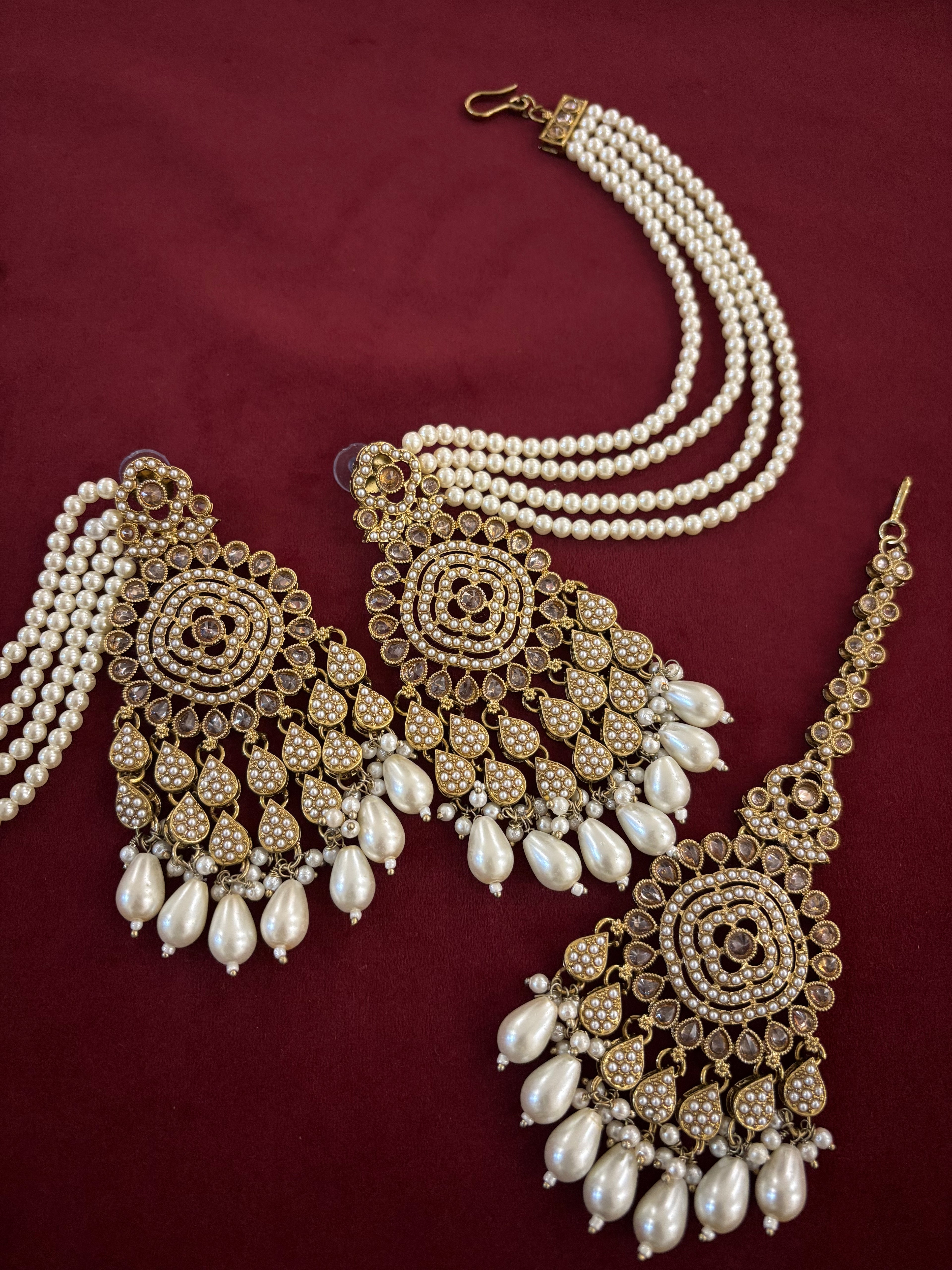 High Quality Designer Jadau Ivory Mang Tikka With Earrings In Layers With Side Layers