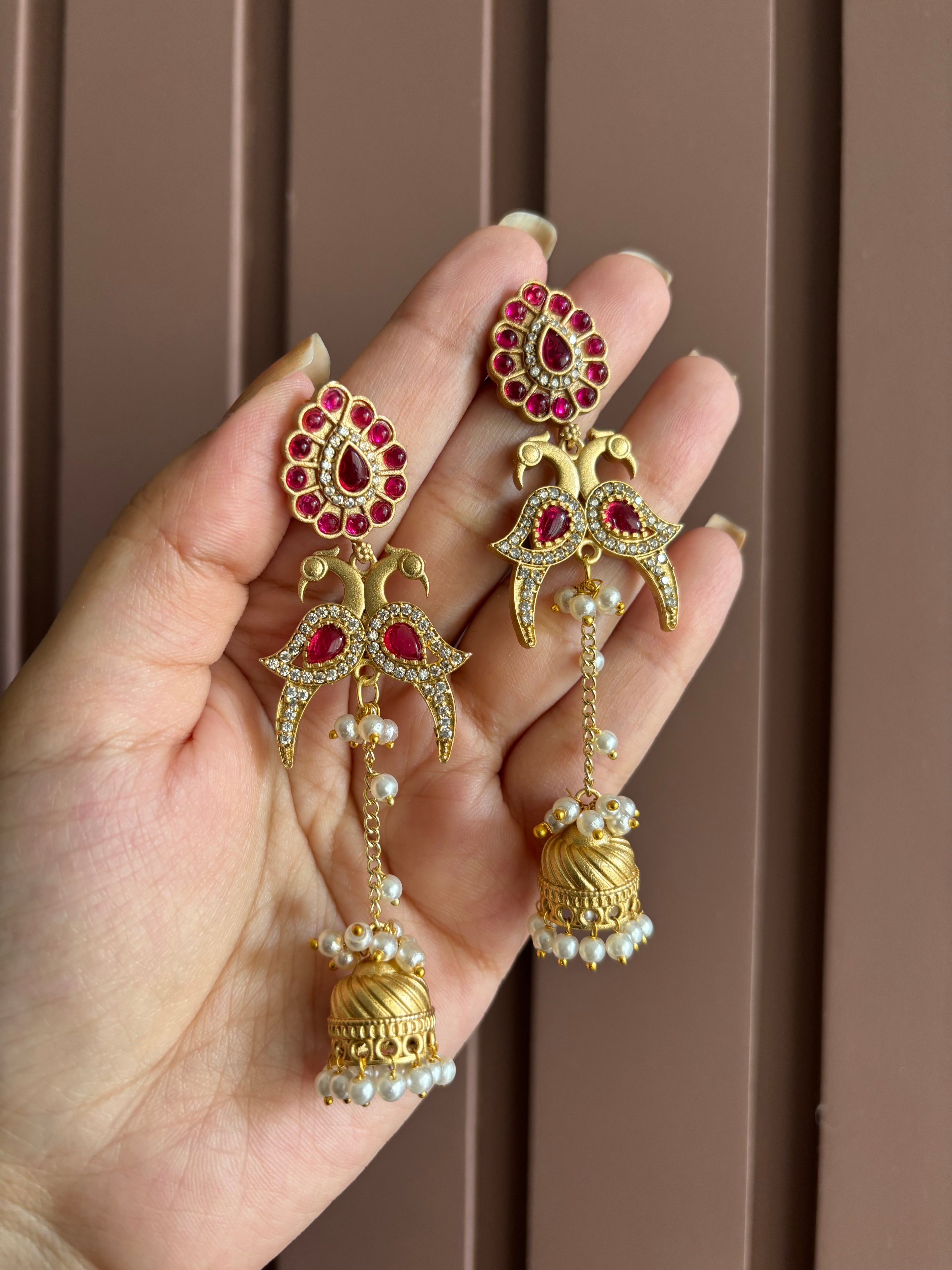 Mohini Brass Designer Earrings In American Diamond Touch (Dark Pink)