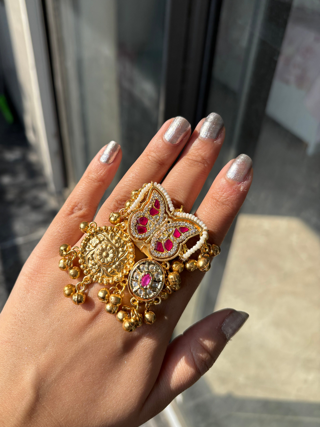 High Quality Designer Brass Adjustable Ghungroo Bold Statement Butterfly Ring