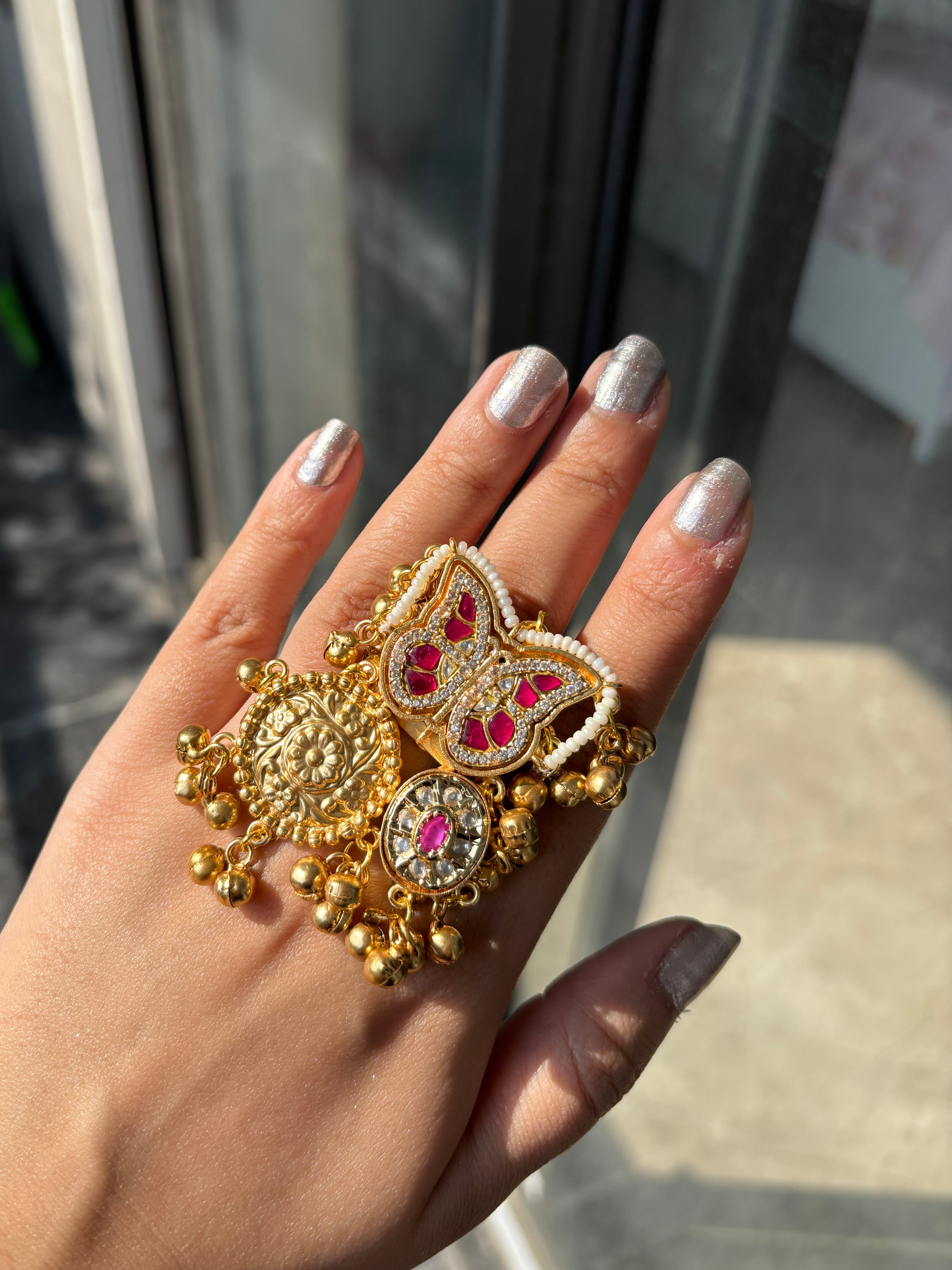 High Quality Designer Brass Adjustable Ghungroo Bold Statement Butterfly Ring