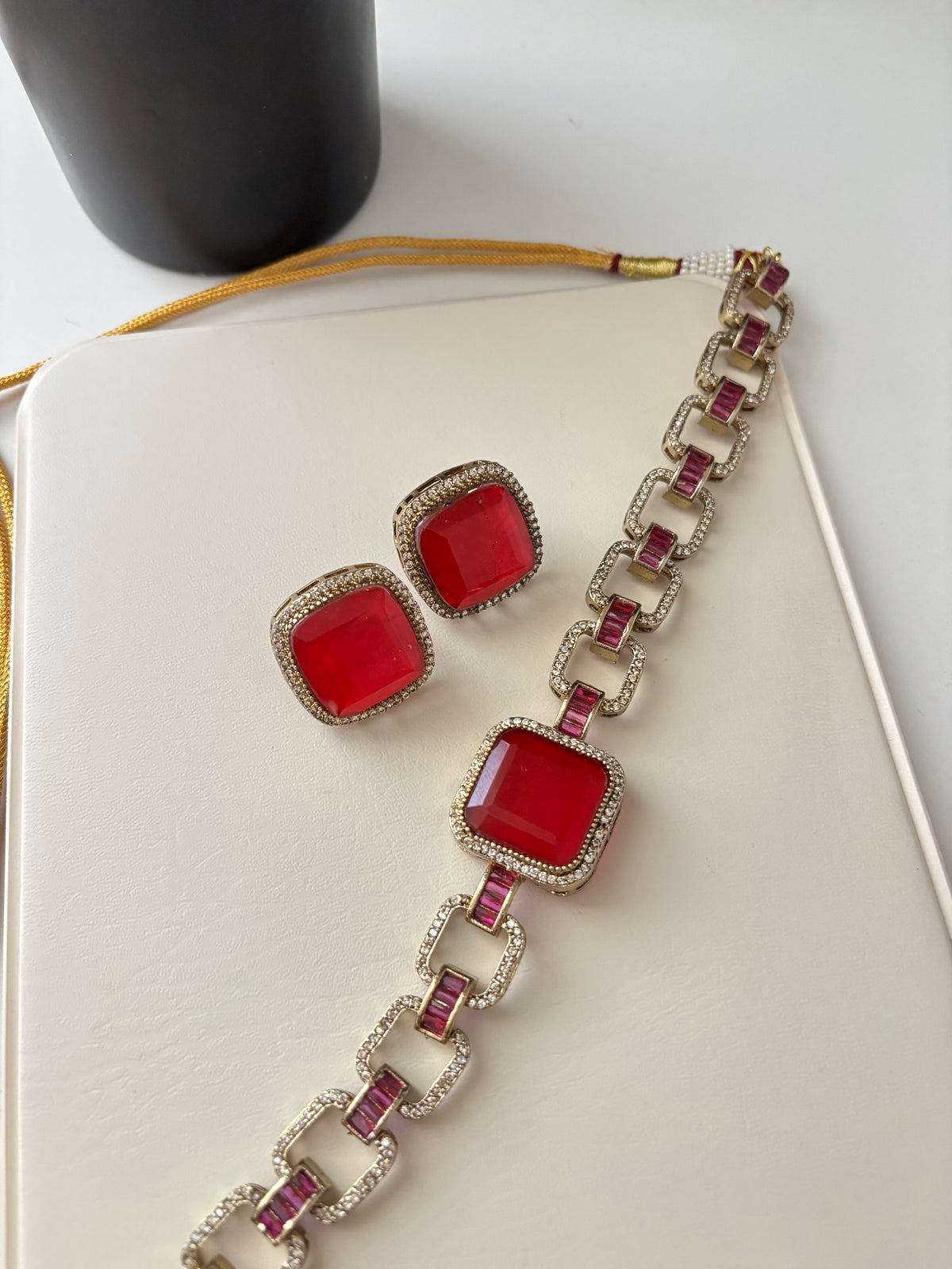 Sabyasachi Inspired Doublet Stone Work Choker With Studs (Ruby)