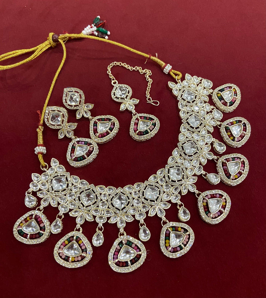 Polki Dupe Necklace With Earrings & Tikka