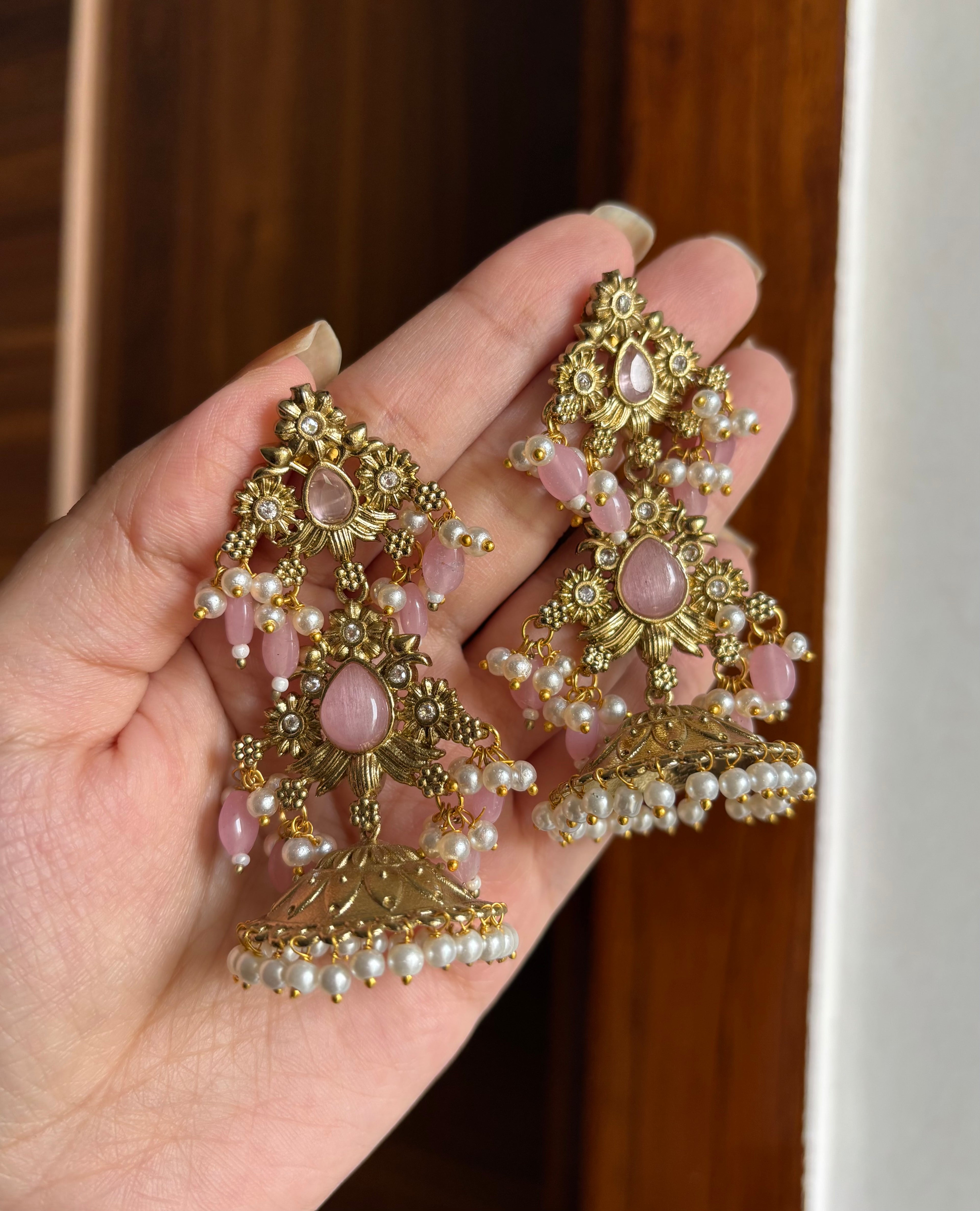 Mansi Designer Brass Jhumkas (Pink)