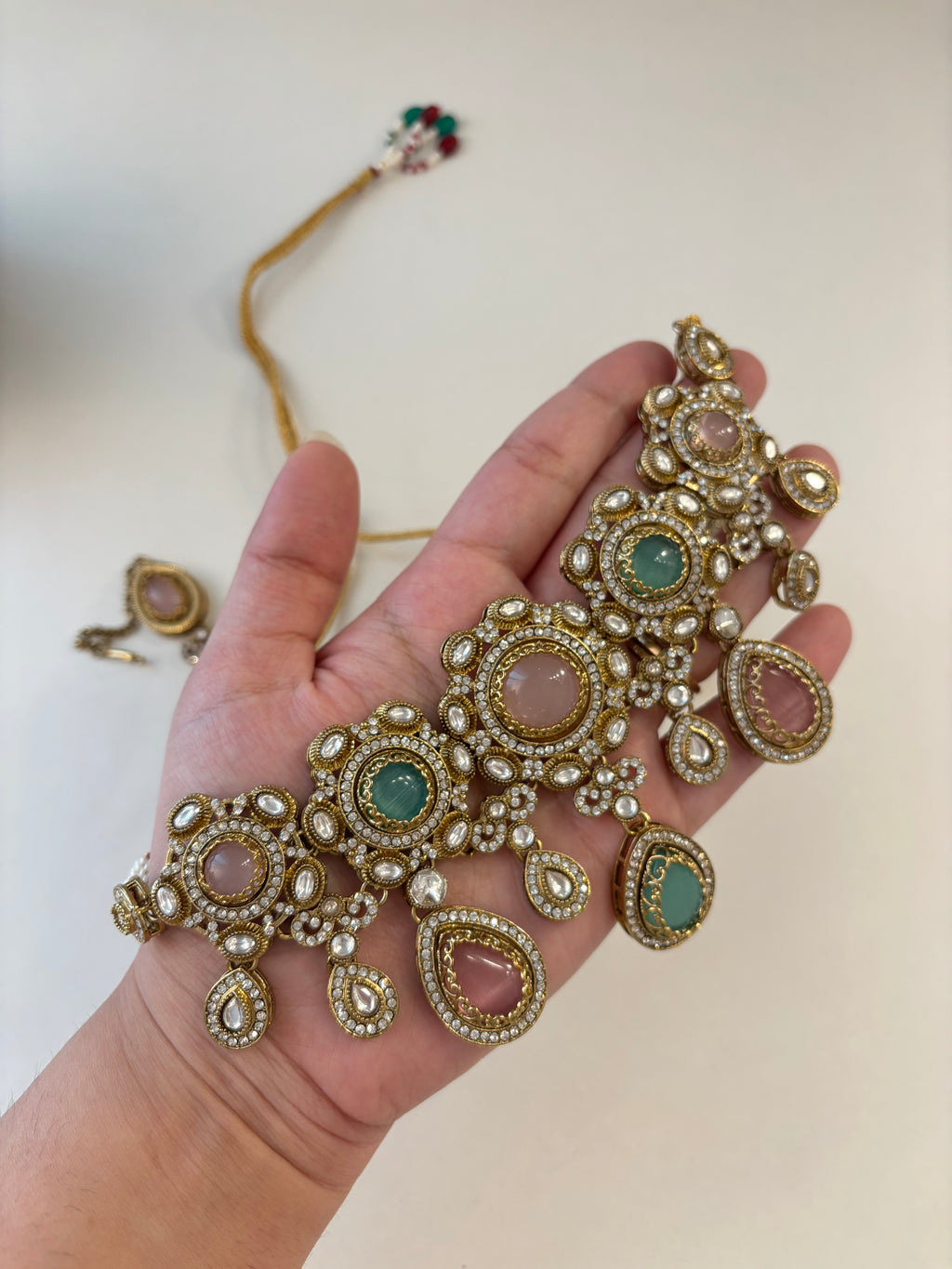 Princess Jasmine Turkish Necklace With Mang Tikka & Earrings (Pink & Mint)