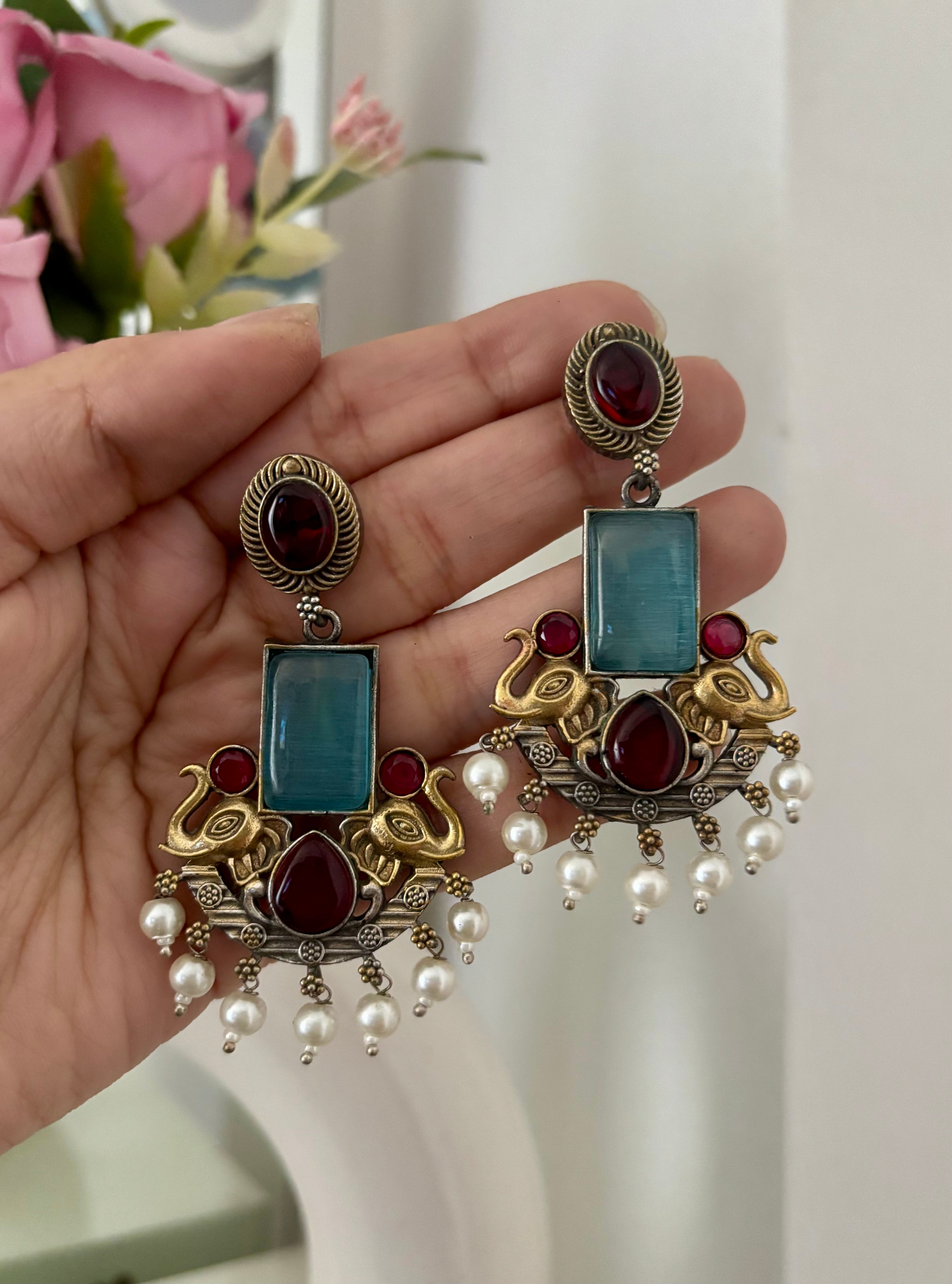 Ruby & Turquoise Mix German Silver Earrings