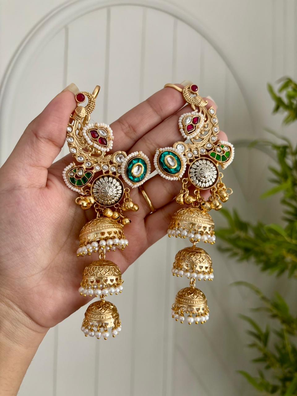 The Peacock Brass Earcuff With 3 Layer Jhumkas Touch
