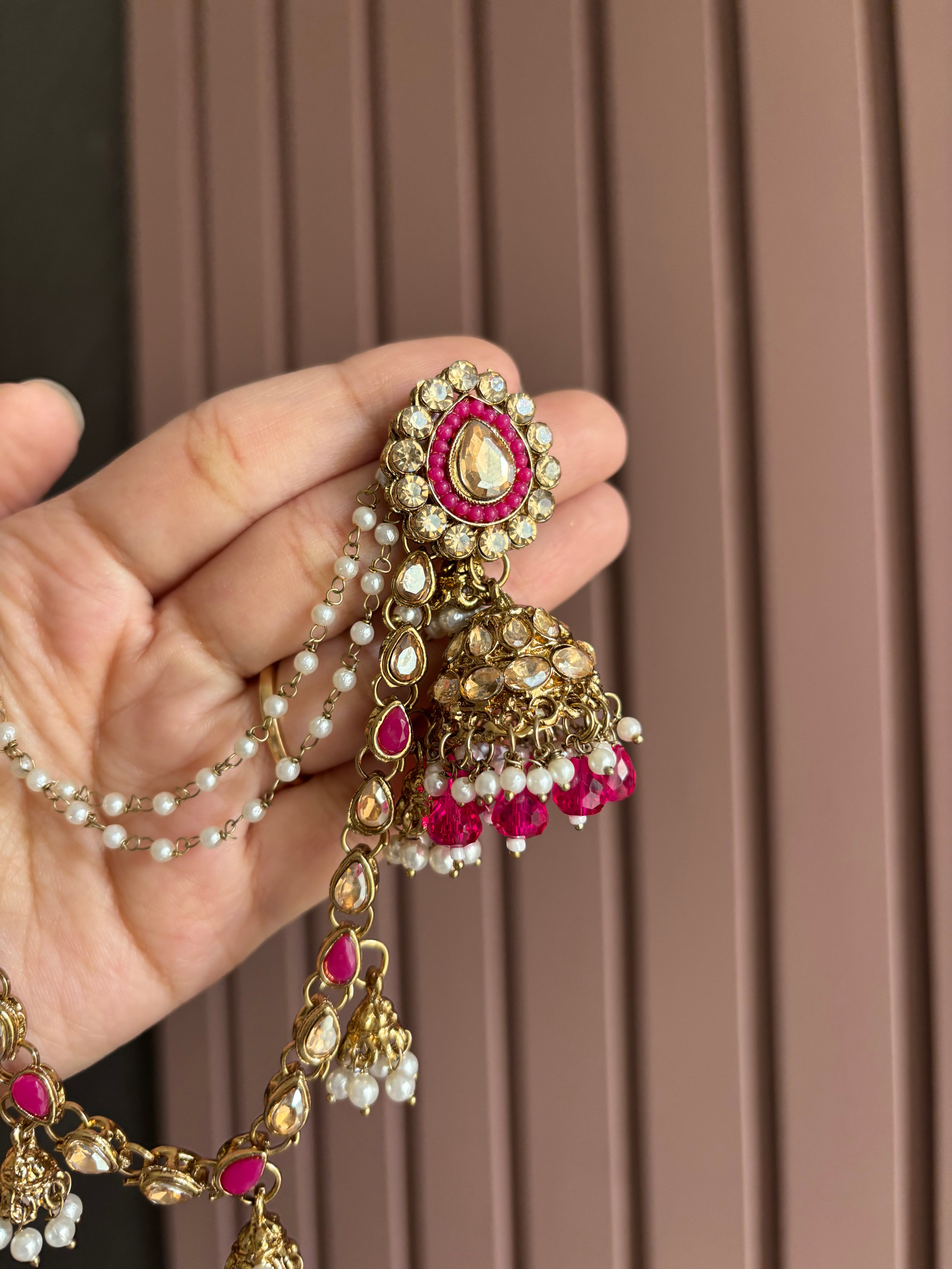 Dark Pink Jhumki With Detachable Earchain