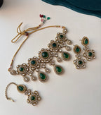 Princess Jasmine Turkish Necklace With Mang Tikka & Earrings (Emerald)