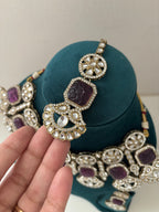 High Quality Designer Kundan Heavy Look Necklace With Mang Tikka & Earrings (Dark Onion)