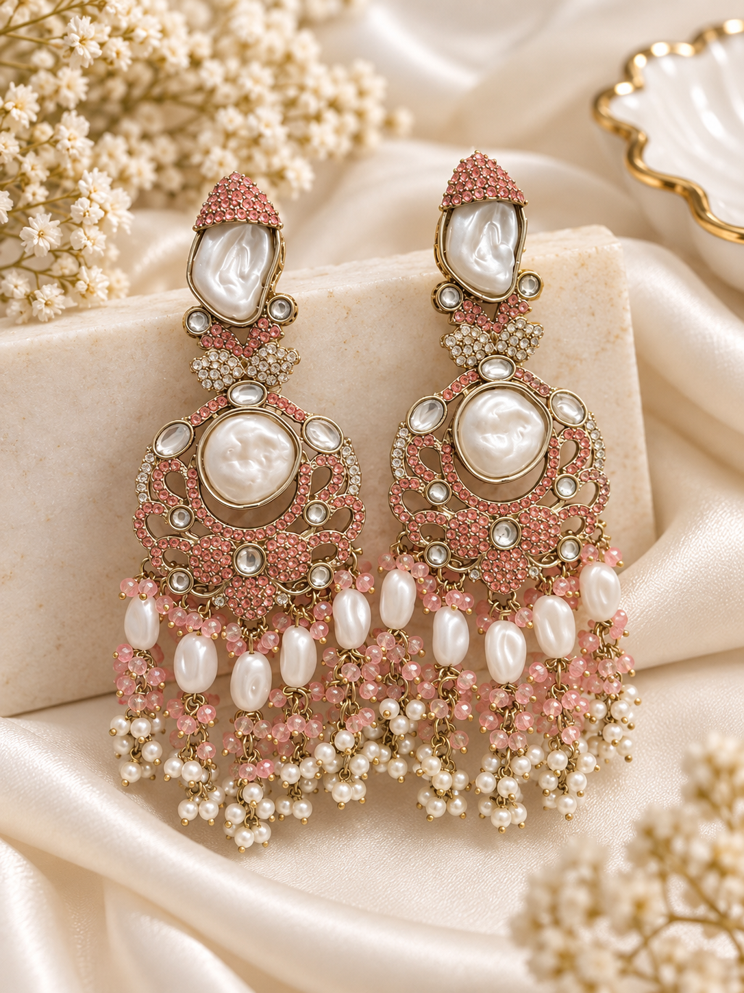 Mehboob Turkish Long Earrings (Baby Pink)