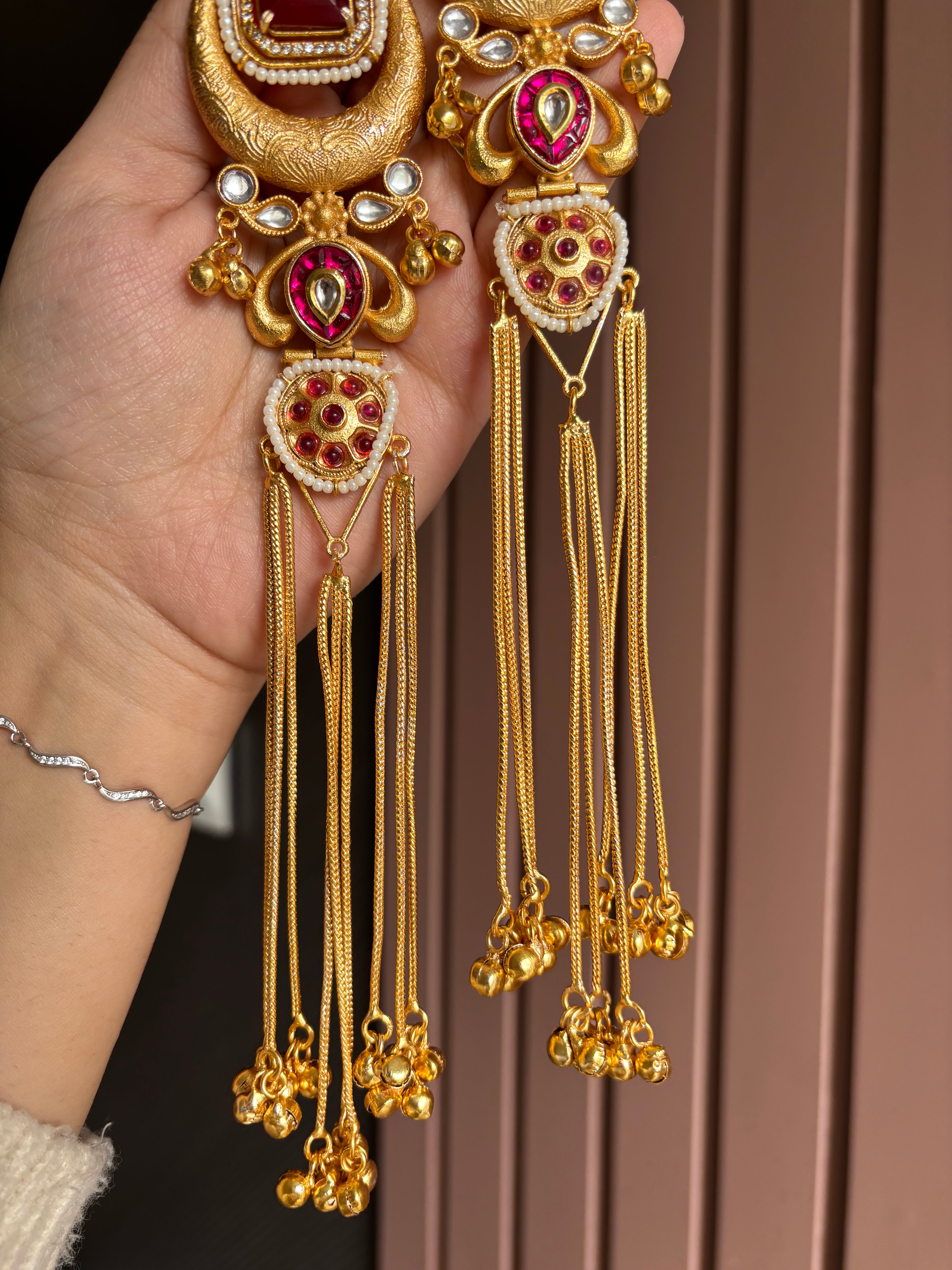 Jasleen Long Maroon Kashmiri Statement Earrings