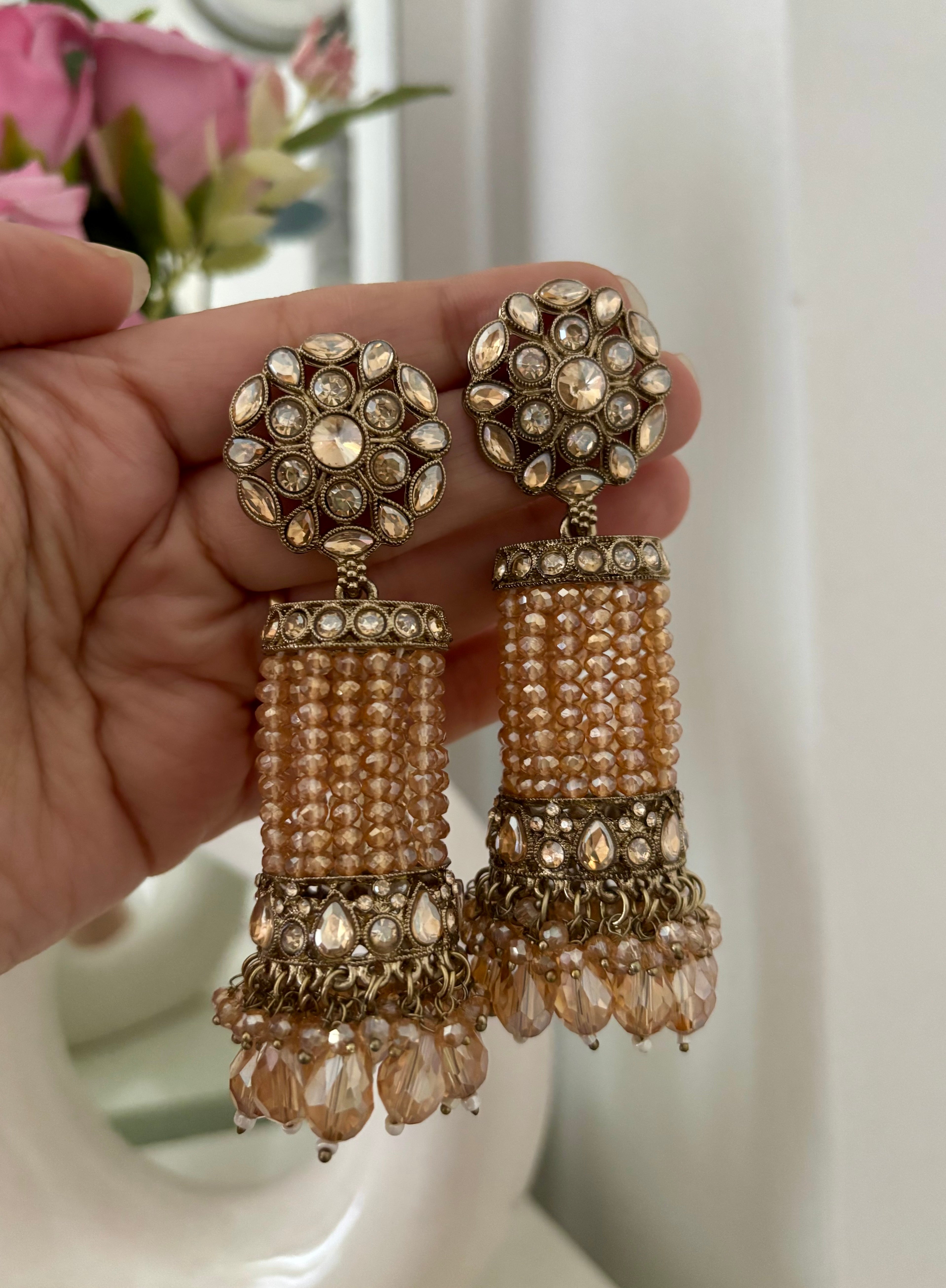 High Quality Designer Full Crystal Beads Work Flower Champagne Touch Jhumkas