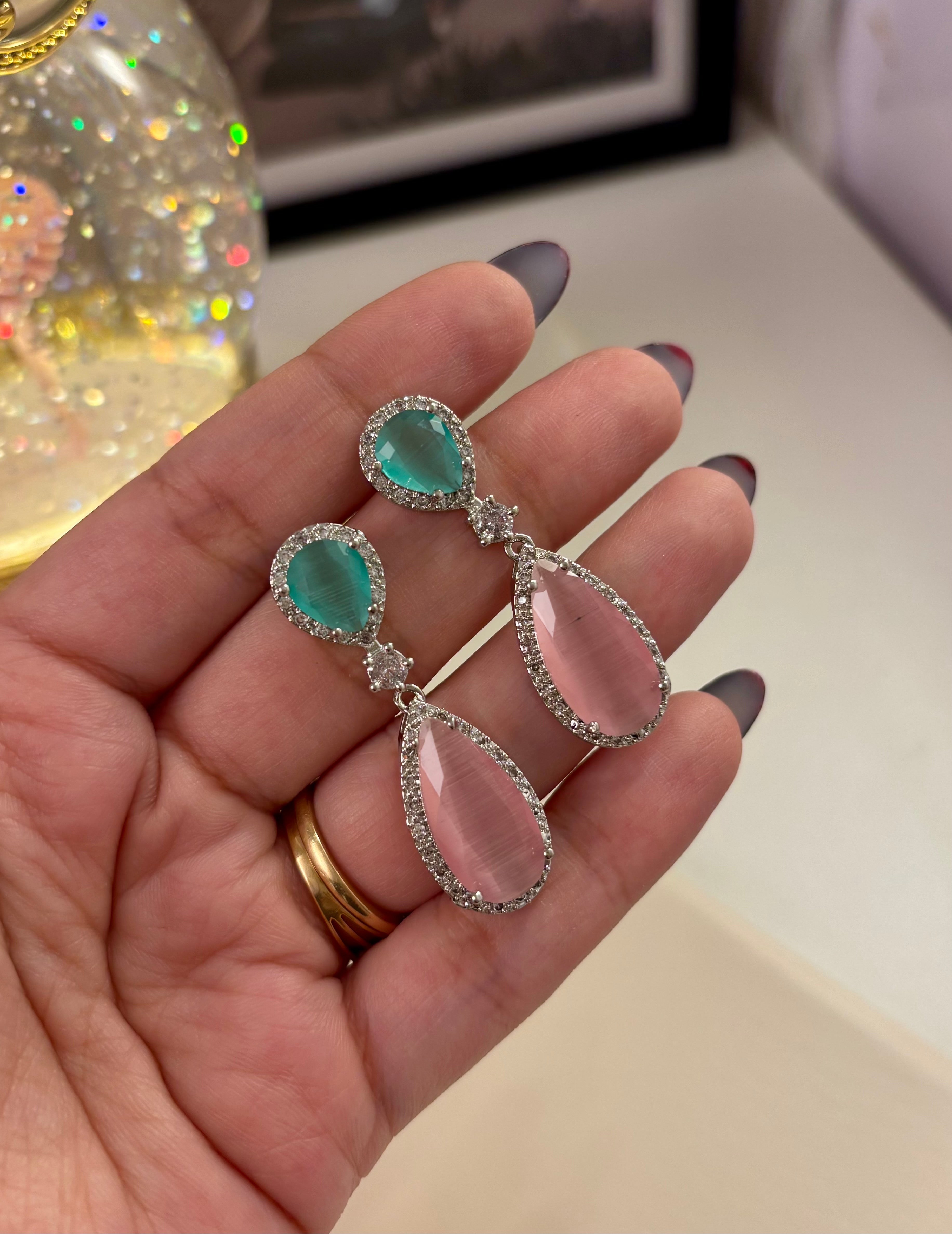 Elegant Drop American Diamond Pink & Mint Earrings