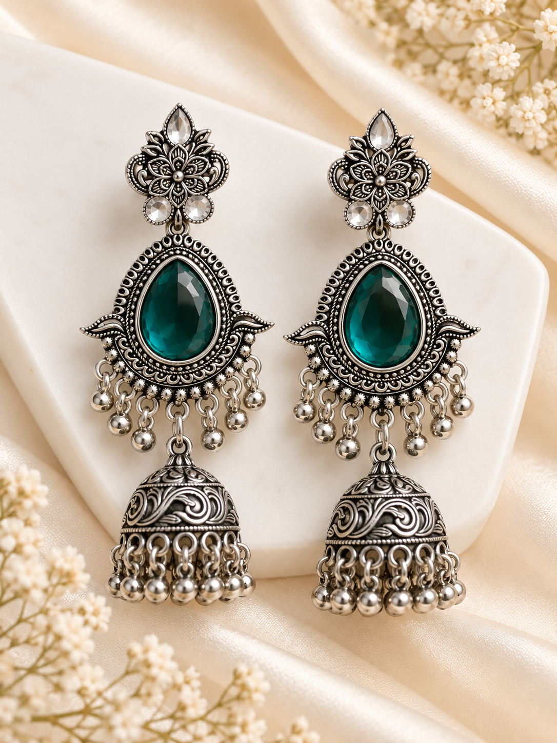 Akriti Silver Jhumkas (Teal Blue)