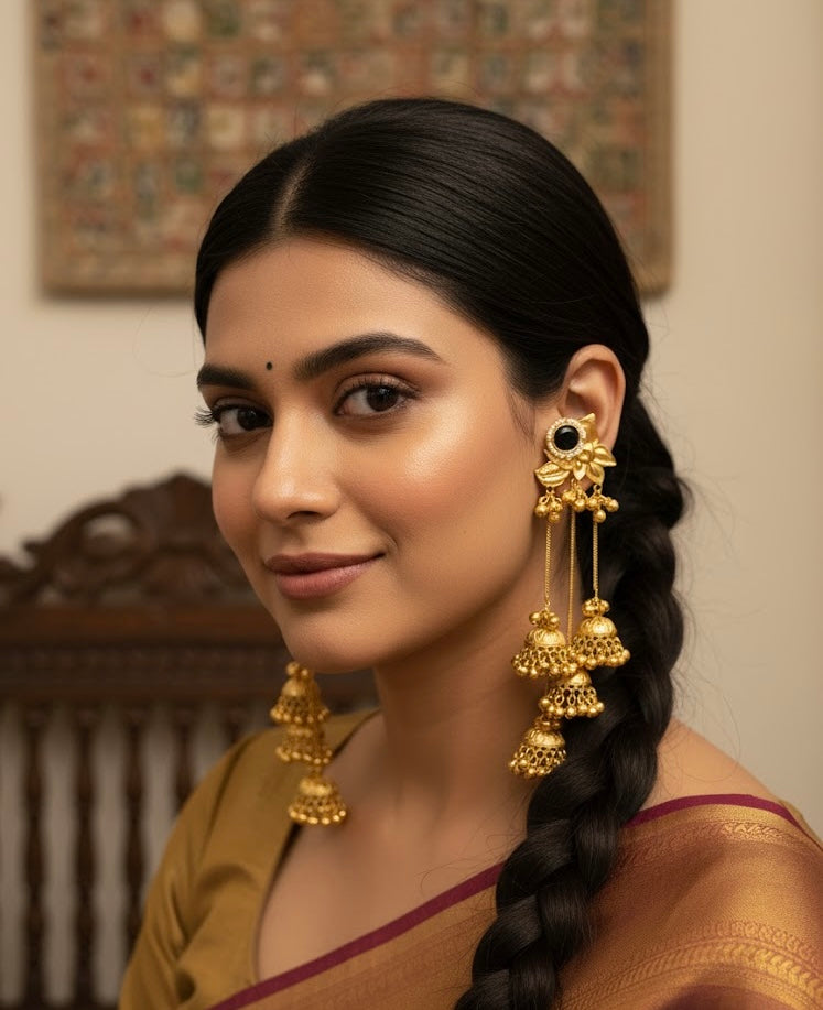 Black Flower Kashmiri Long Earrings