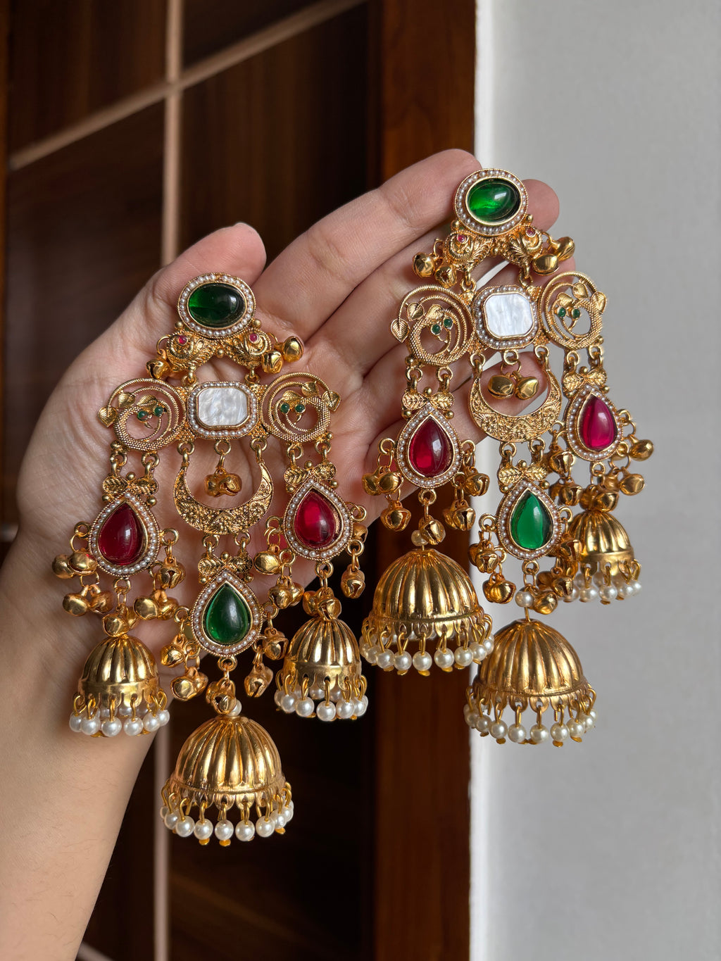 Vamika Long Kashmiri Earrings With Detachable Earchain (Maroon & Green)