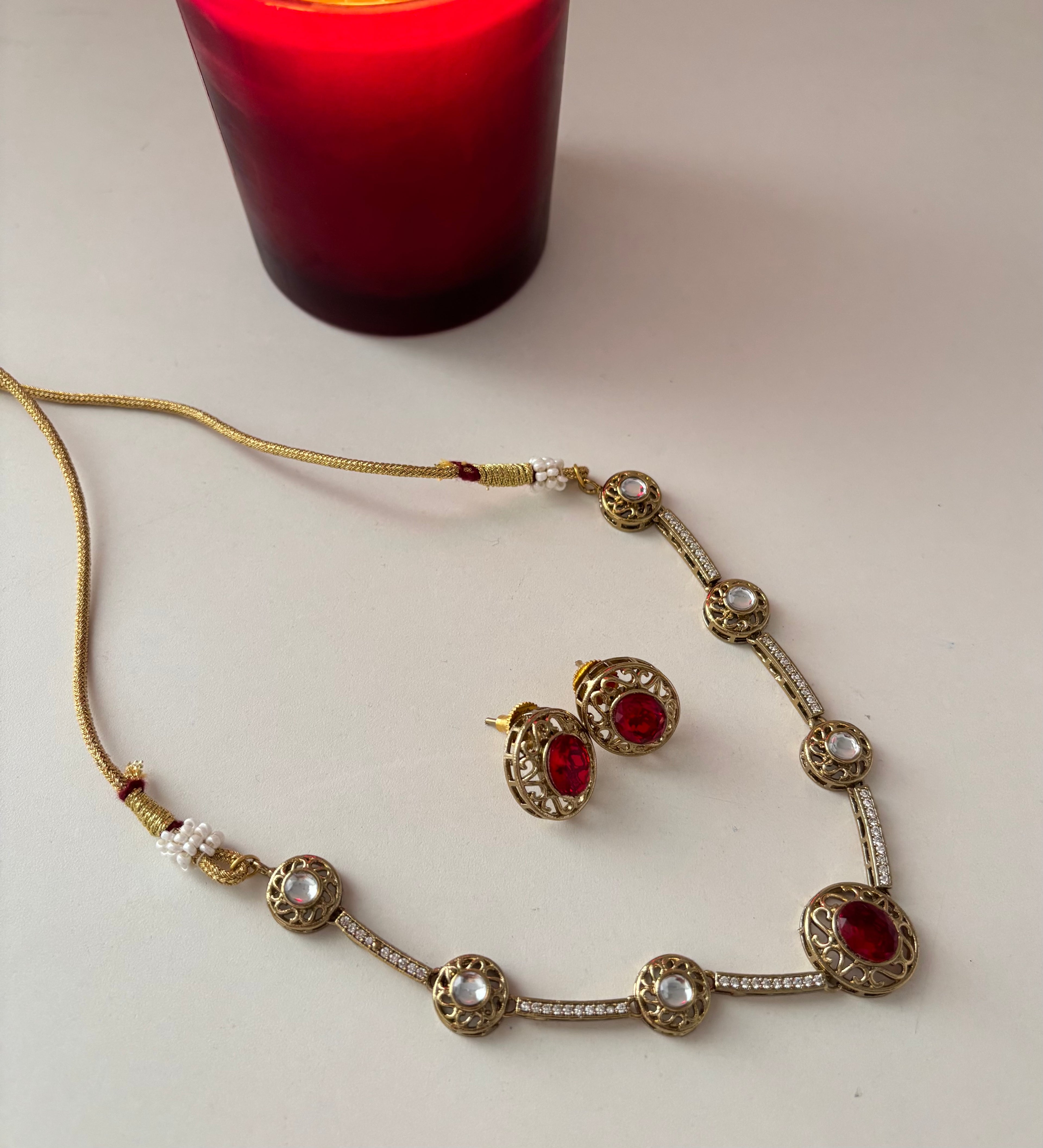 Premium Doublet & Polki Work Necklace With Studs (Maroon)